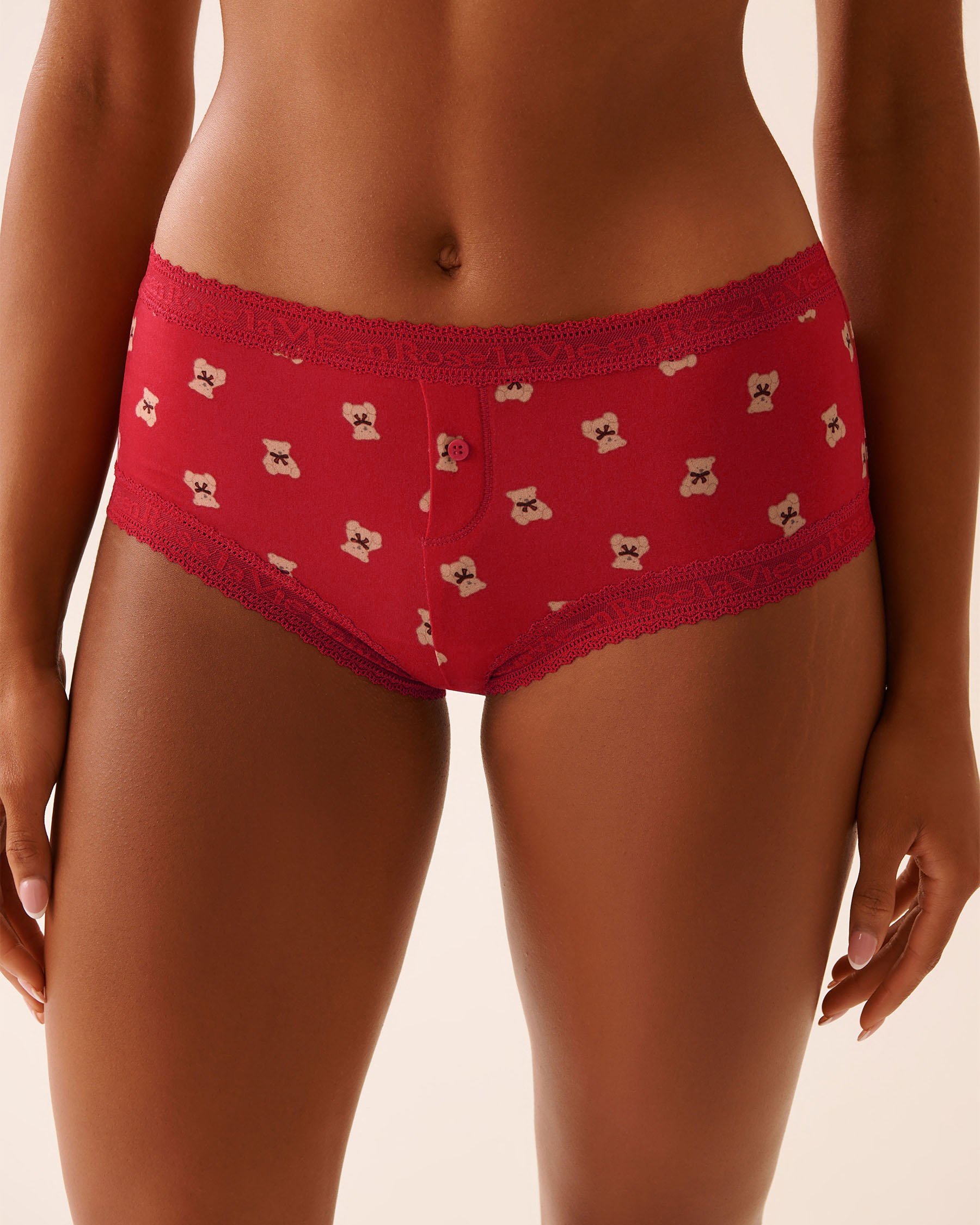 LA VIE EN ROSE Culotte garçonne ultra douce bordure de dentelle Rouge/Oursons 20100692 - View1