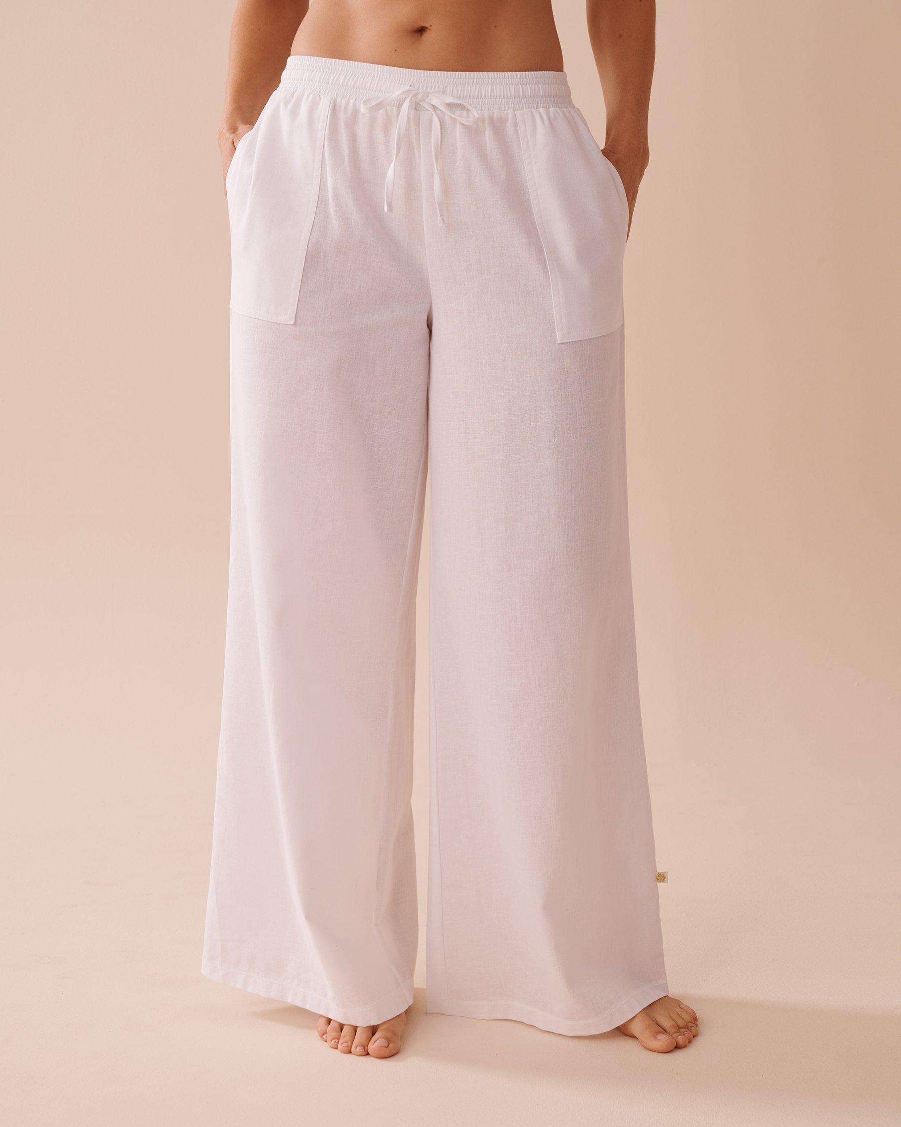 LA VIE EN ROSE AQUA Pantalon jambe large en coton et lin Blanc 80200058 - Voir1
