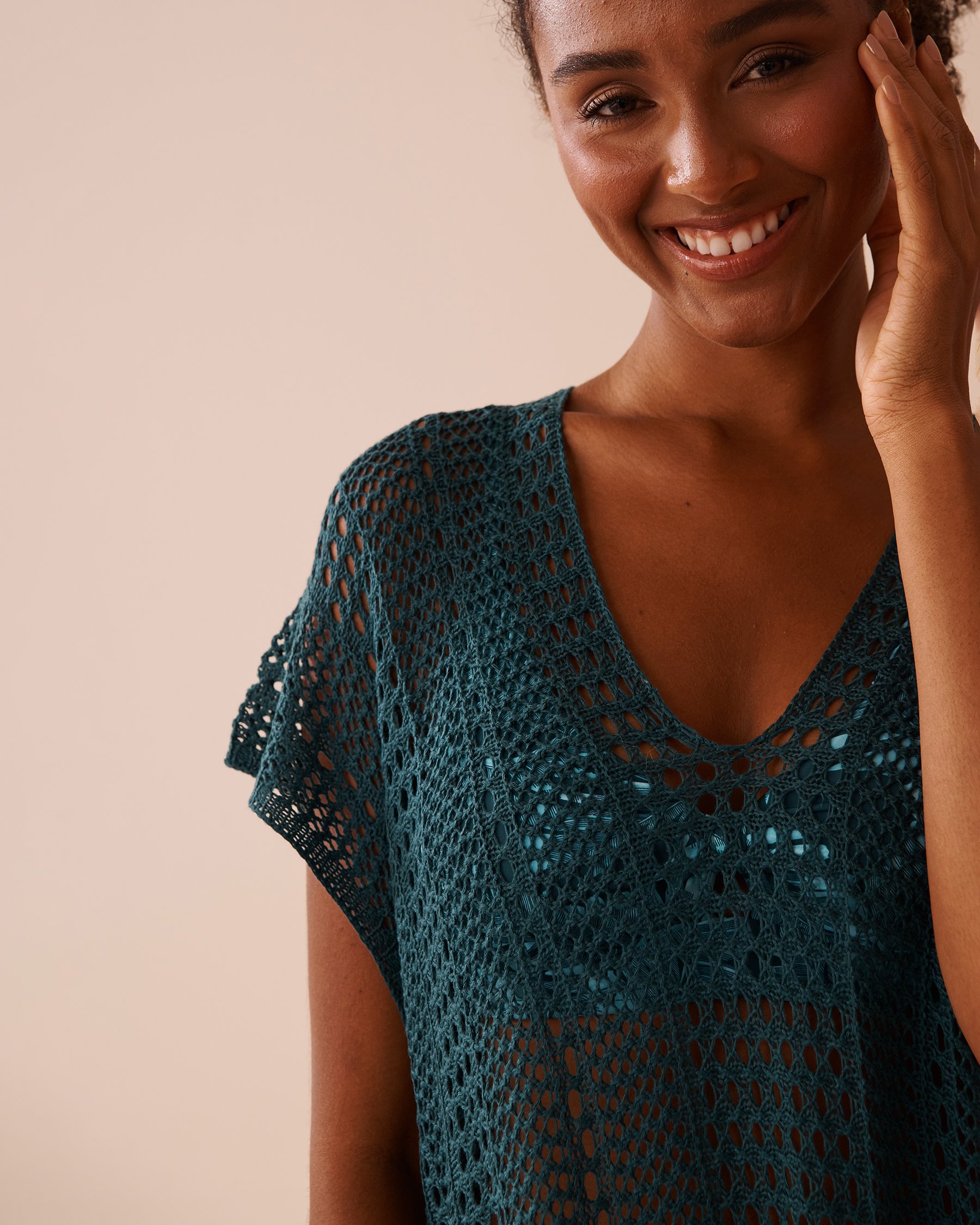 LA VIE EN ROSE AQUA Short Sleeve Crochet Tunic Deep Teal 80400061 - View3