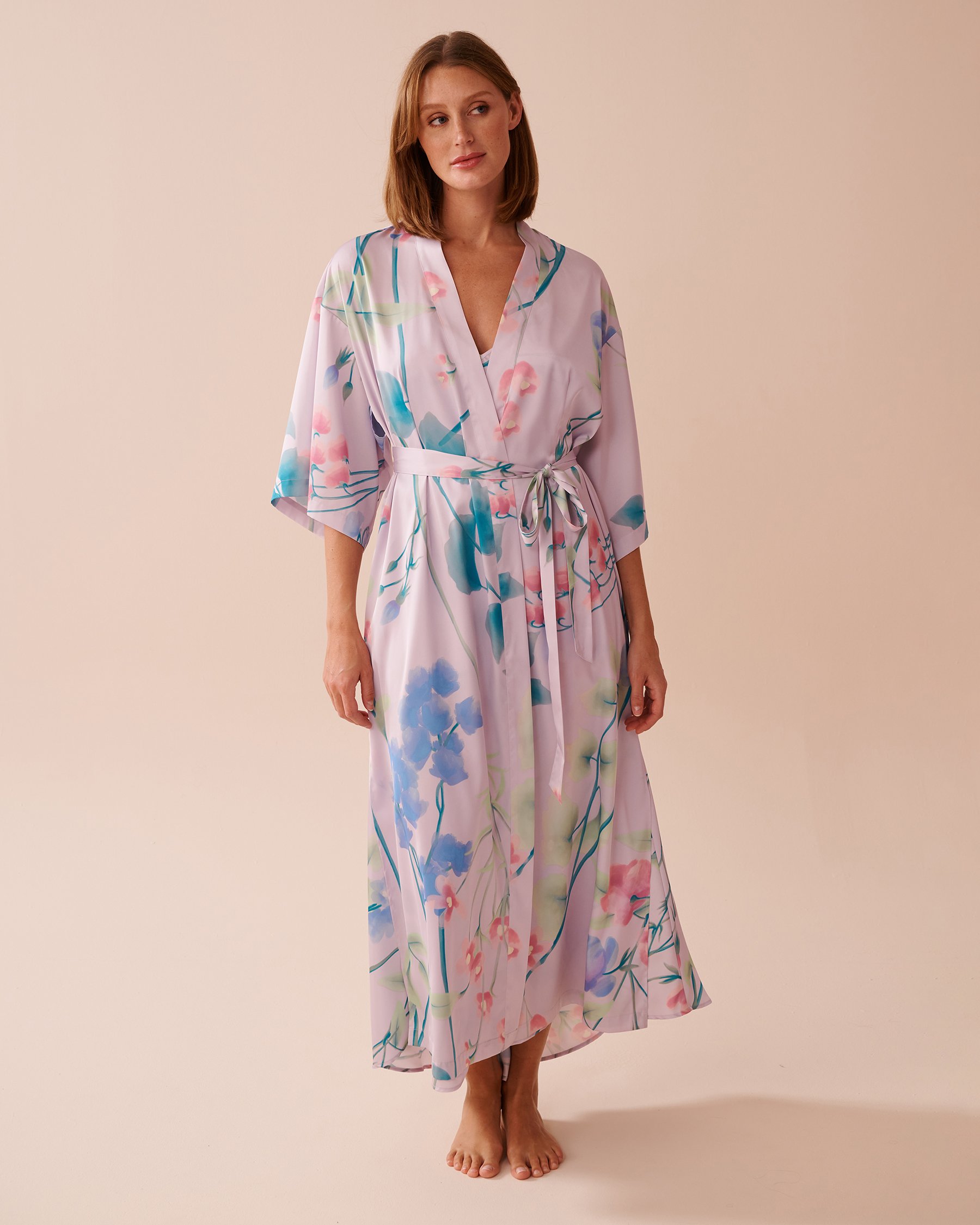 LA VIE EN ROSE Lavender Garden Print Long Satin Kimono Lavender Garden 60600087 - View4