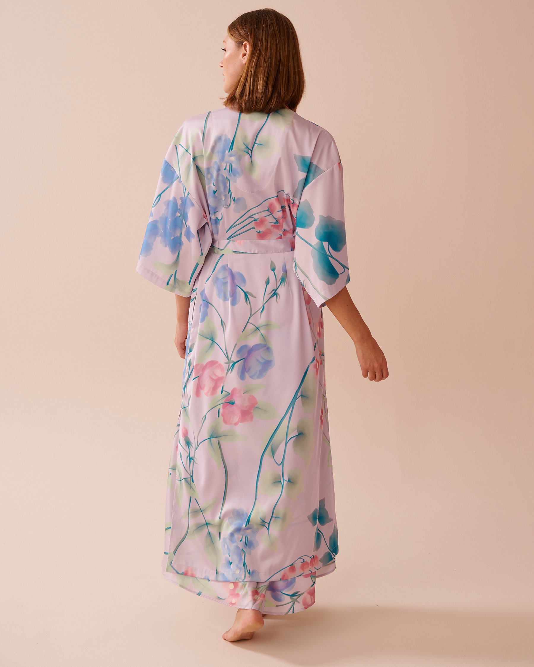 LA VIE EN ROSE Lavender Garden Print Long Satin Kimono Lavender Garden 60600087 - View3