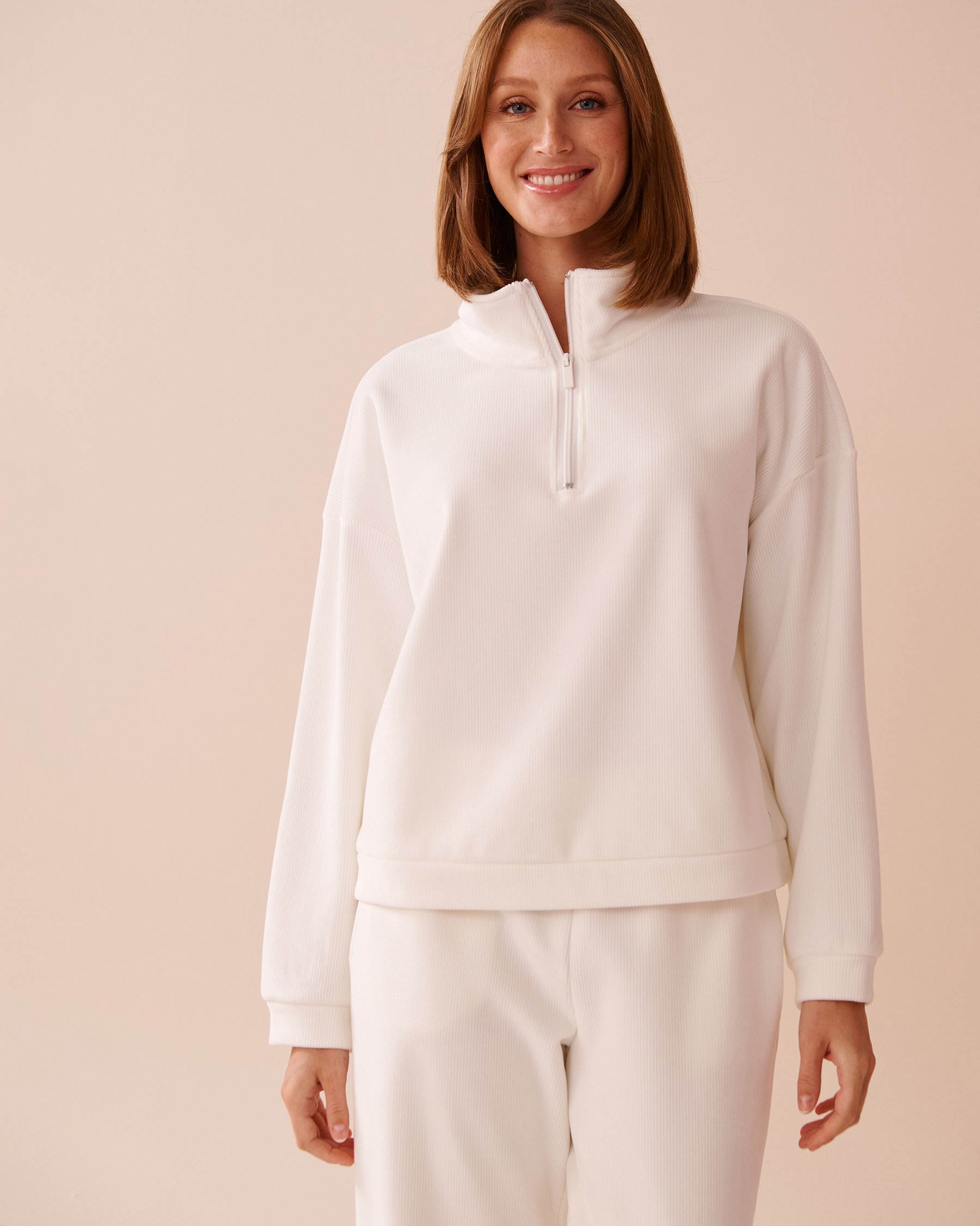 LA VIE EN ROSE Chandail demi-zip épais en tissu côtelé Blanc 50100098 - Voir5