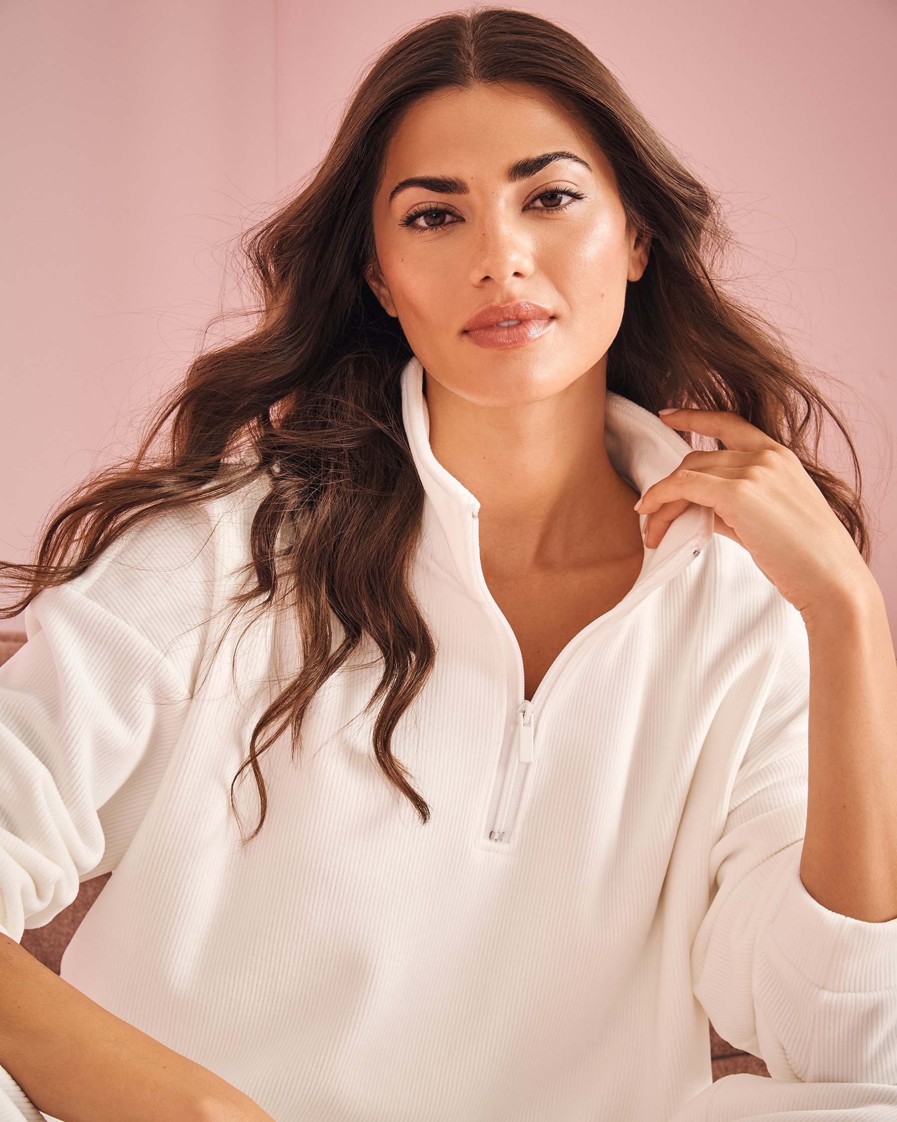 LA VIE EN ROSE Chandail demi-zip épais en tissu côtelé Blanc 50100098 - Voir1