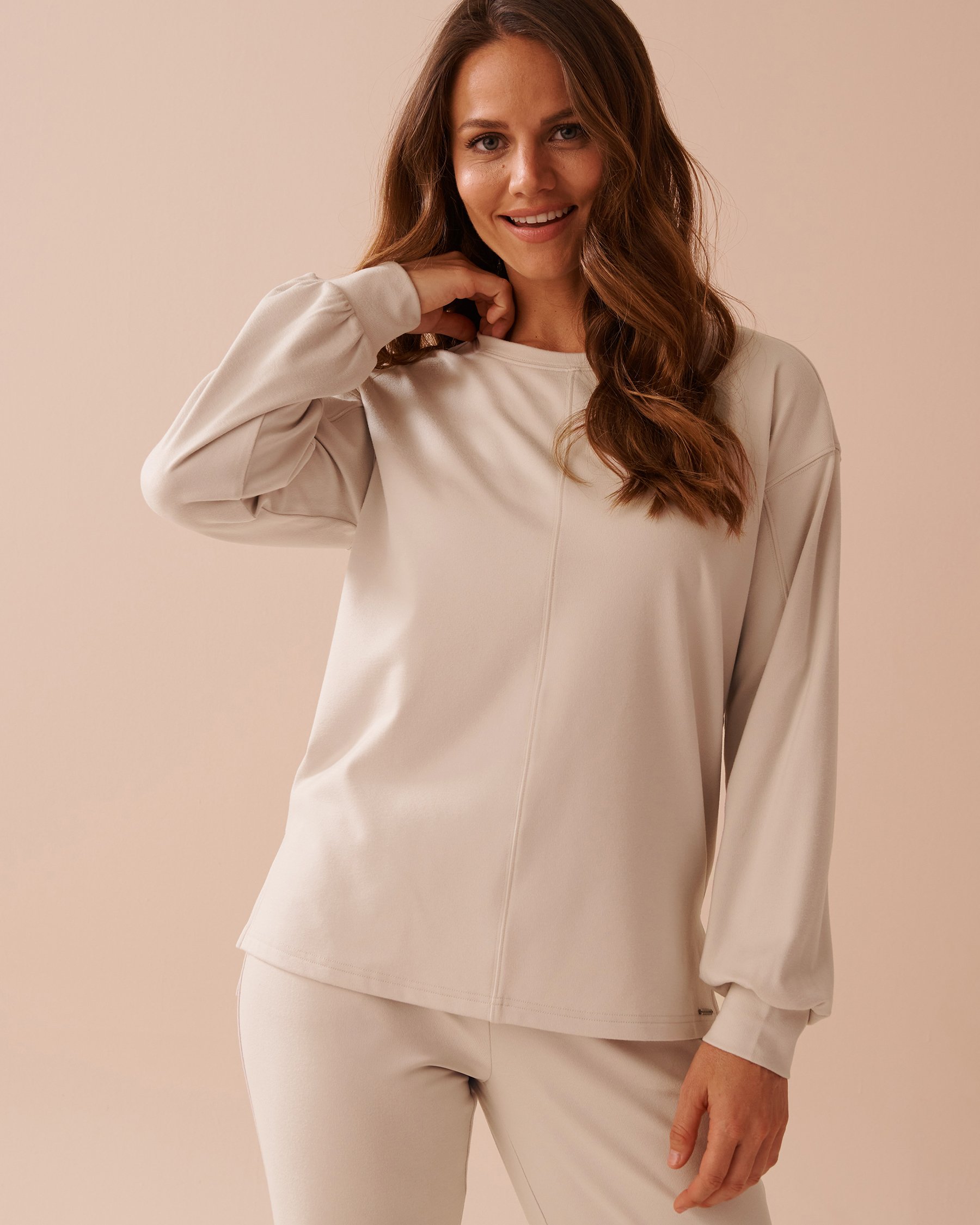 LA VIE EN ROSE Lightly Ribbed Crew Neck Sweatshirt Light Beige 50100099 - View1