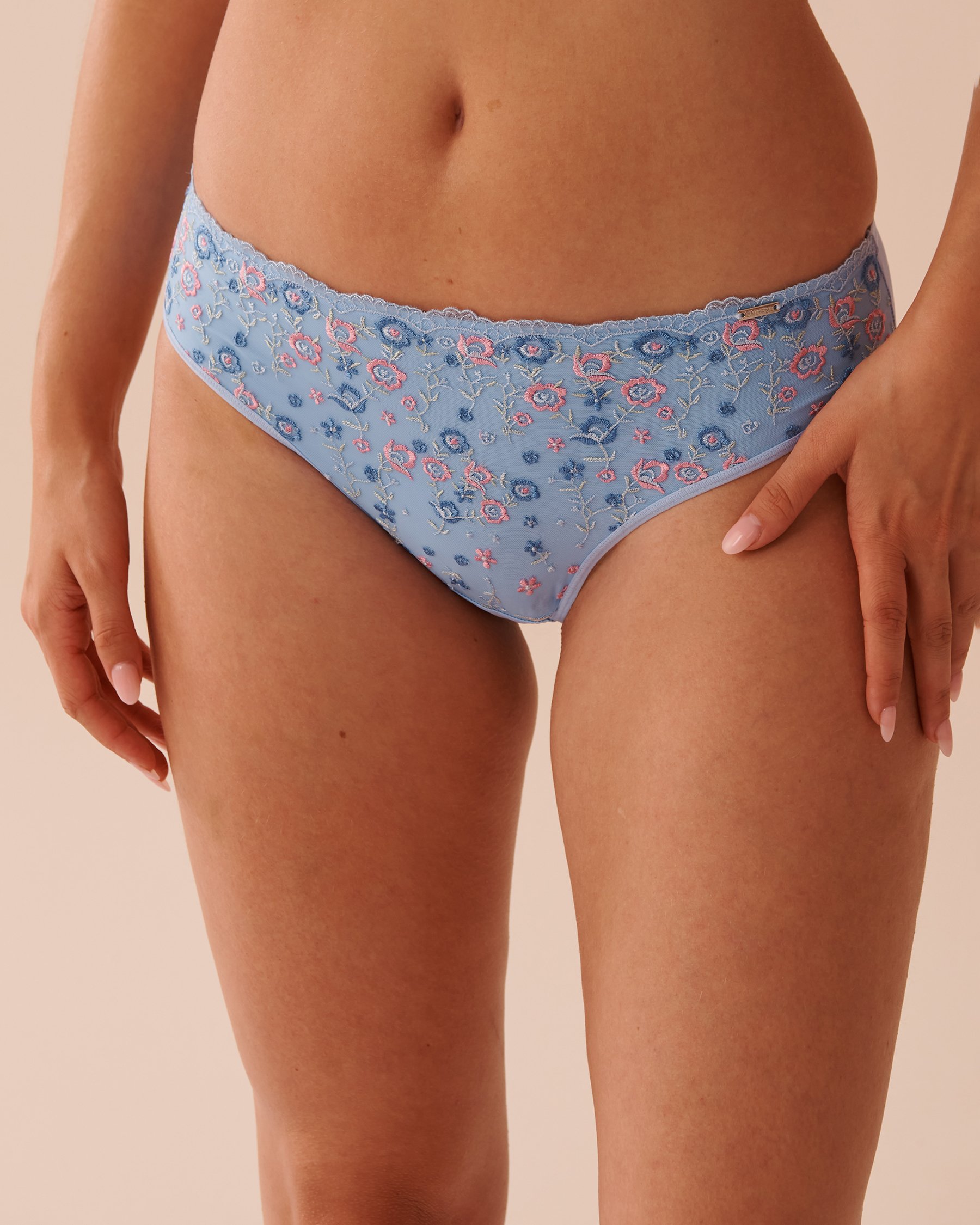 LA VIE EN ROSE Microfiber and Mesh Sleek Back Bikini Panty Blue Garden 20300365 - View1