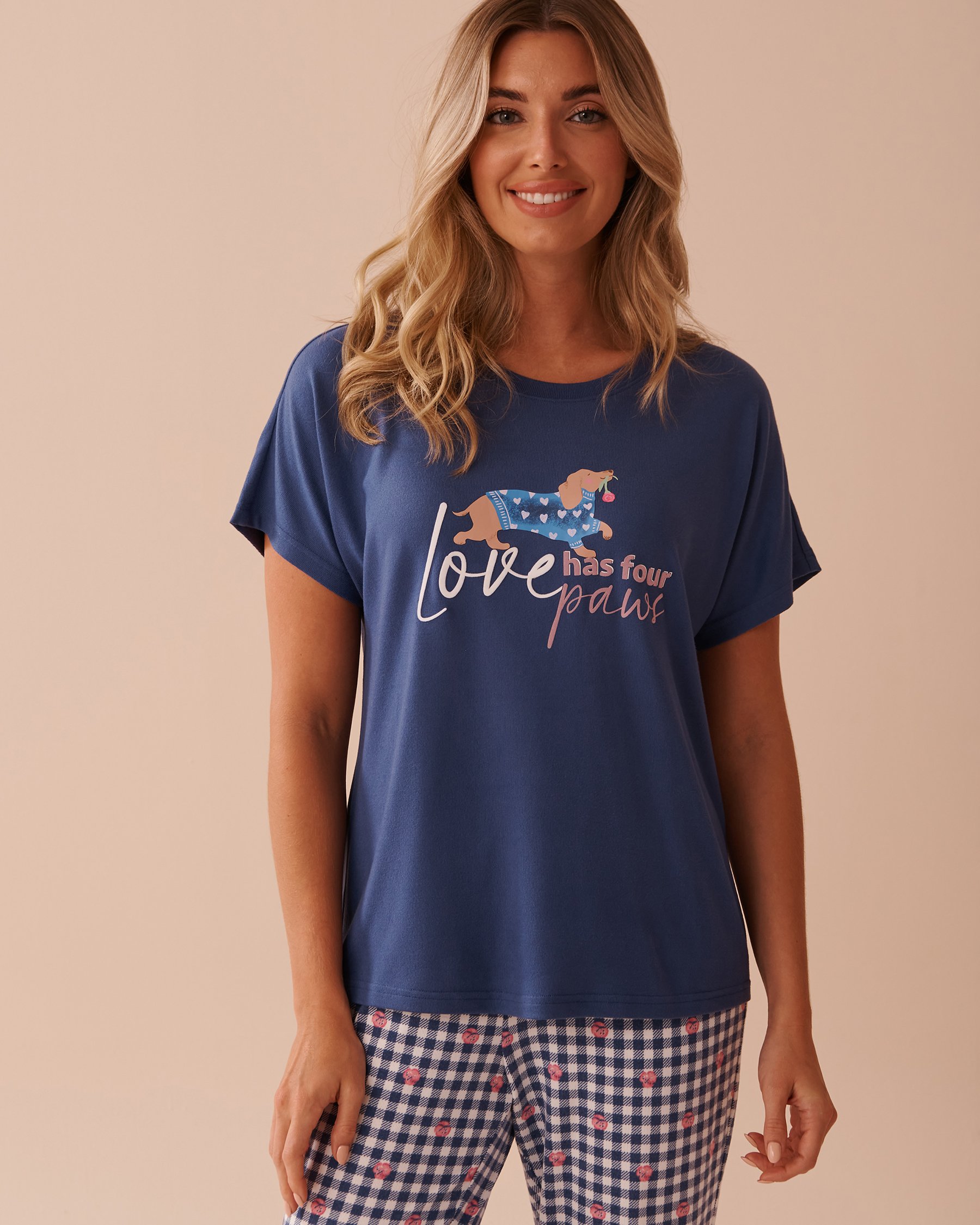 LA VIE EN ROSE Dog Print Recycled Fibers Crew Neck T-shirt Grey Blue 40100673 - View1