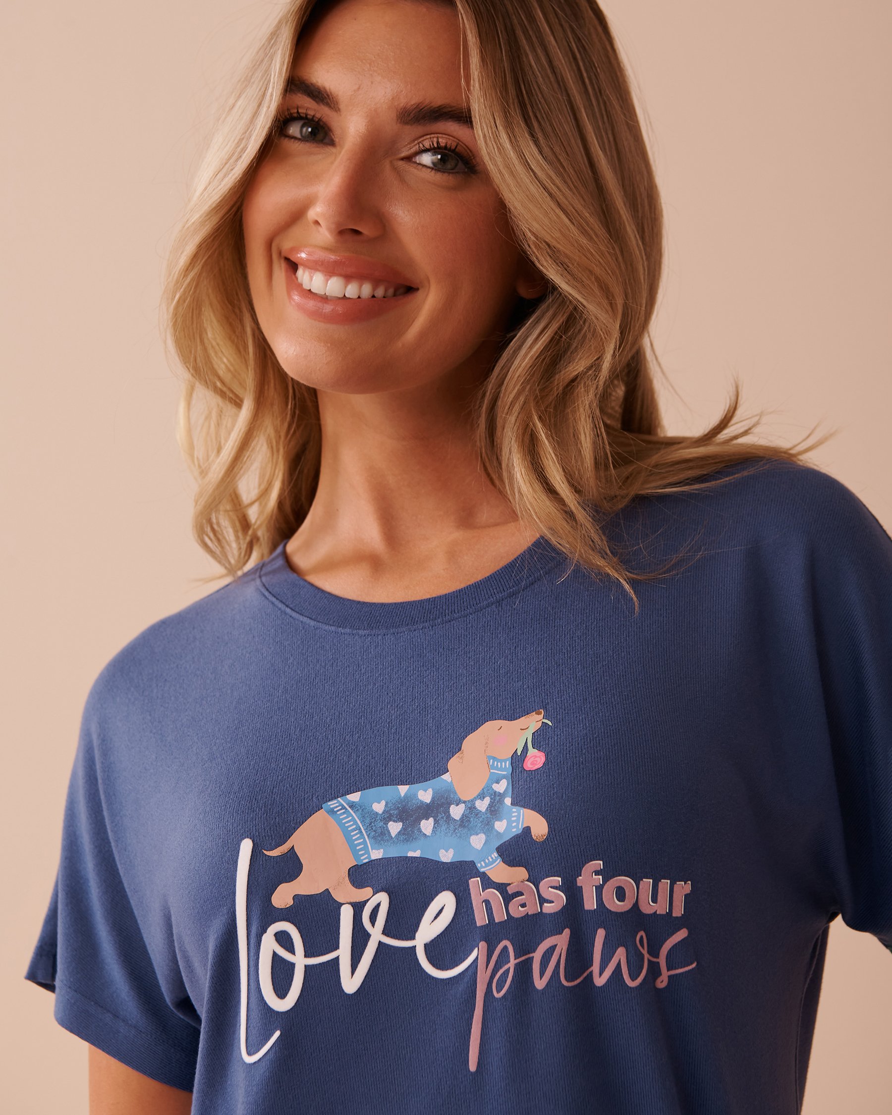 LA VIE EN ROSE Dog Print Recycled Fibers Crew Neck T-shirt Grey Blue 40100673 - View3
