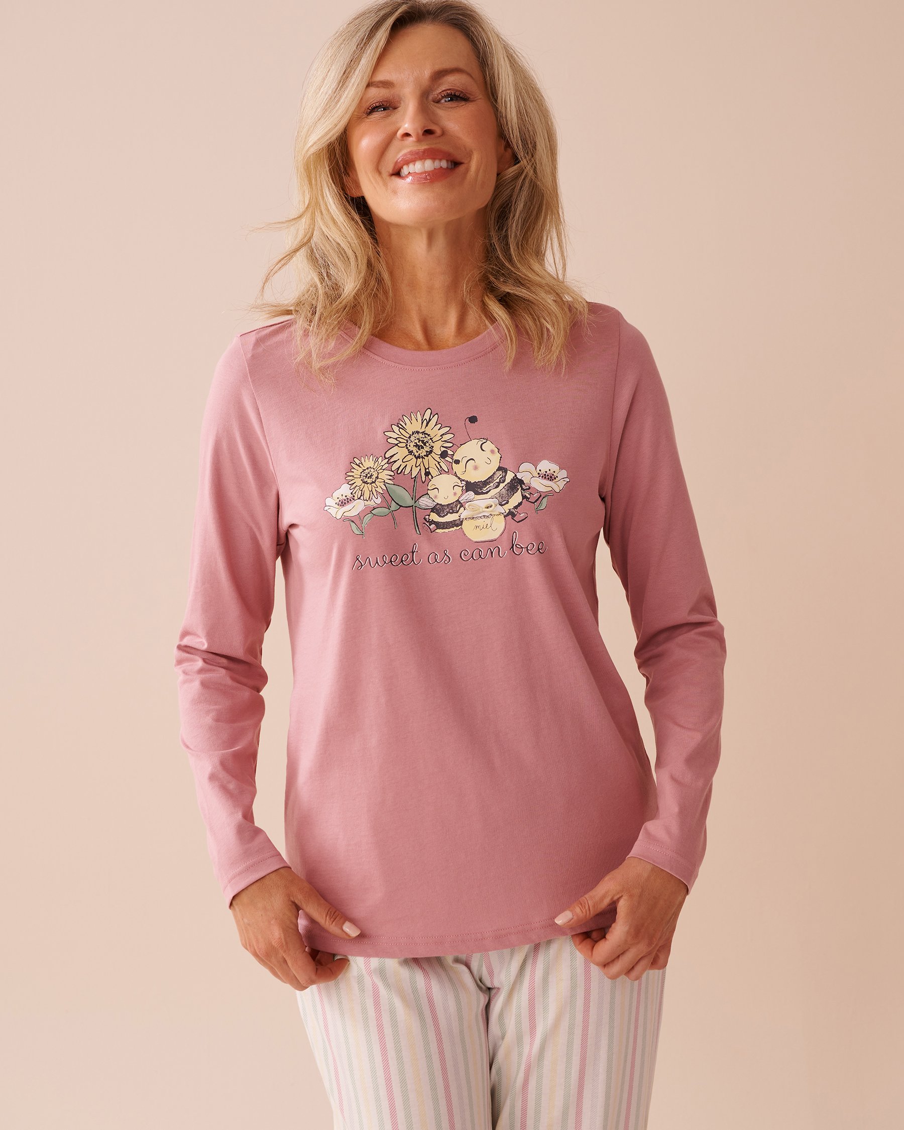 LA VIE EN ROSE Chandail manches longues en coton à imprimé abeille Vieux rose 40100692 - Voir1