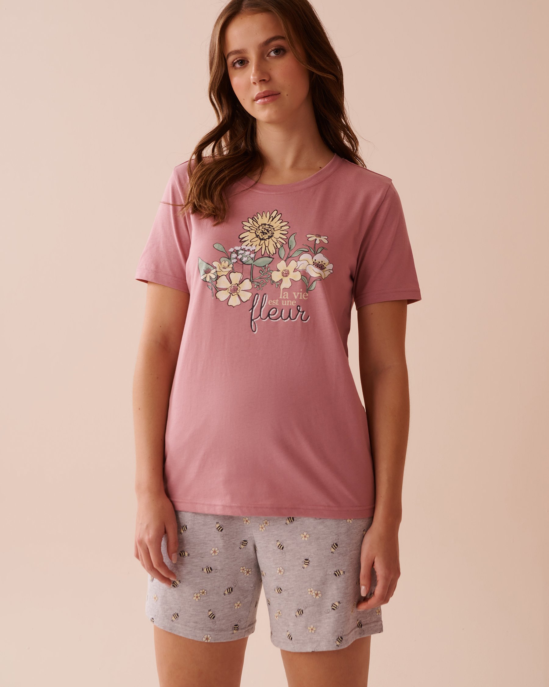 LA VIE EN ROSE Sunflower Print Cotton Crew Neck T-shirt Old Pink 40100693 - View4