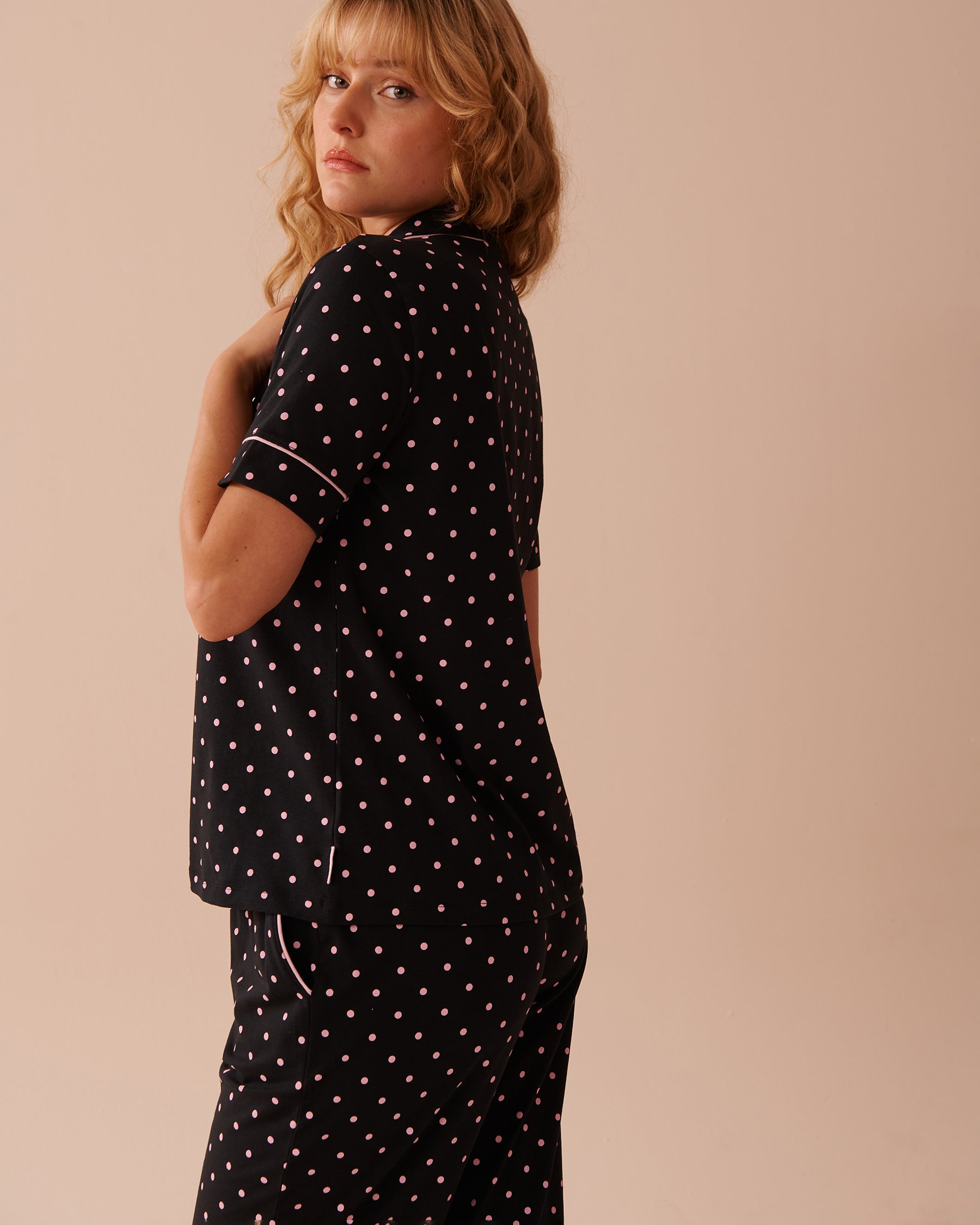 LA VIE EN ROSE Cotton Short Sleeve Button-down Shirt Dotted Black 40100676 - View3