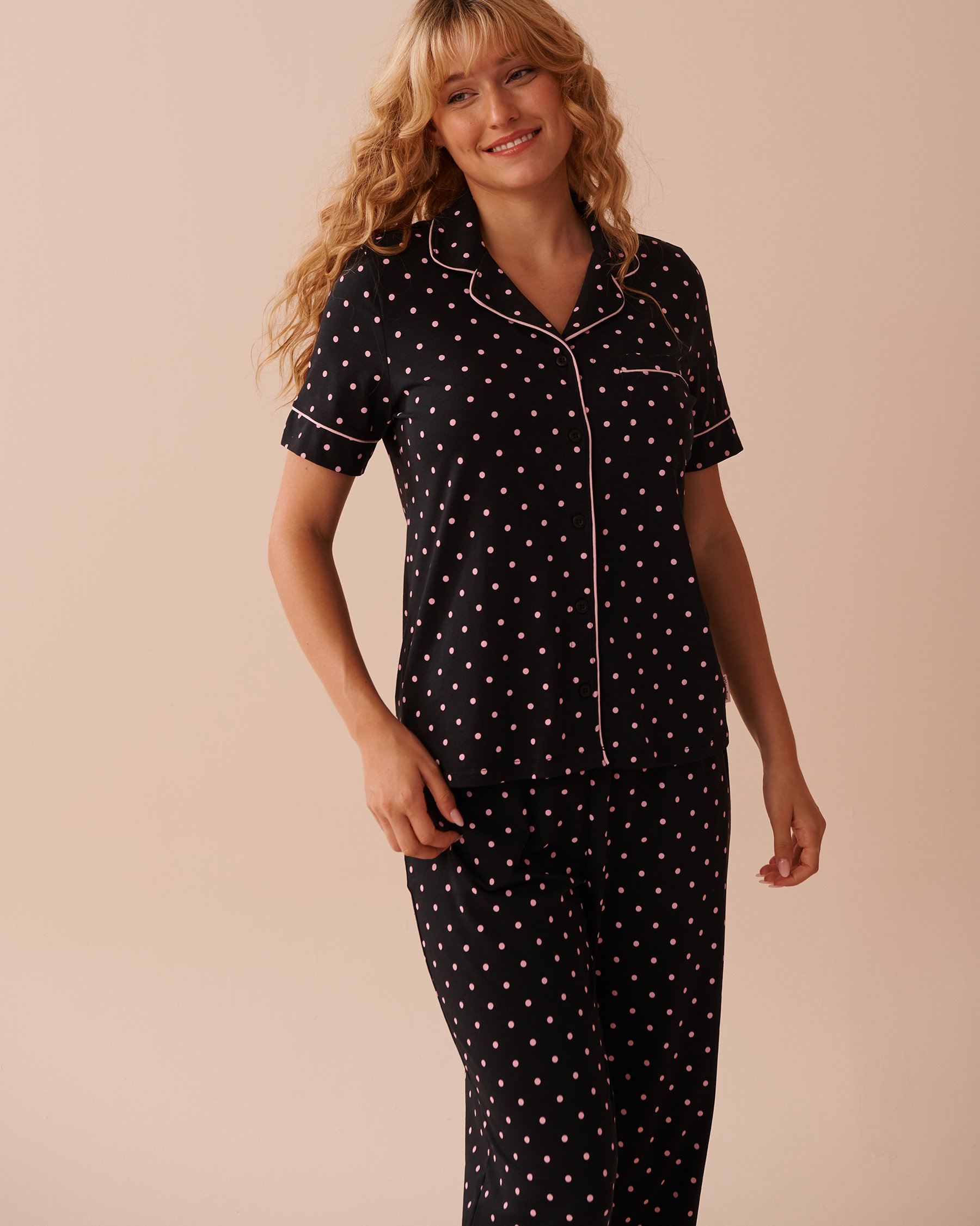 LA VIE EN ROSE Cotton Short Sleeve Button-down Shirt Dotted Black 40100676 - View5