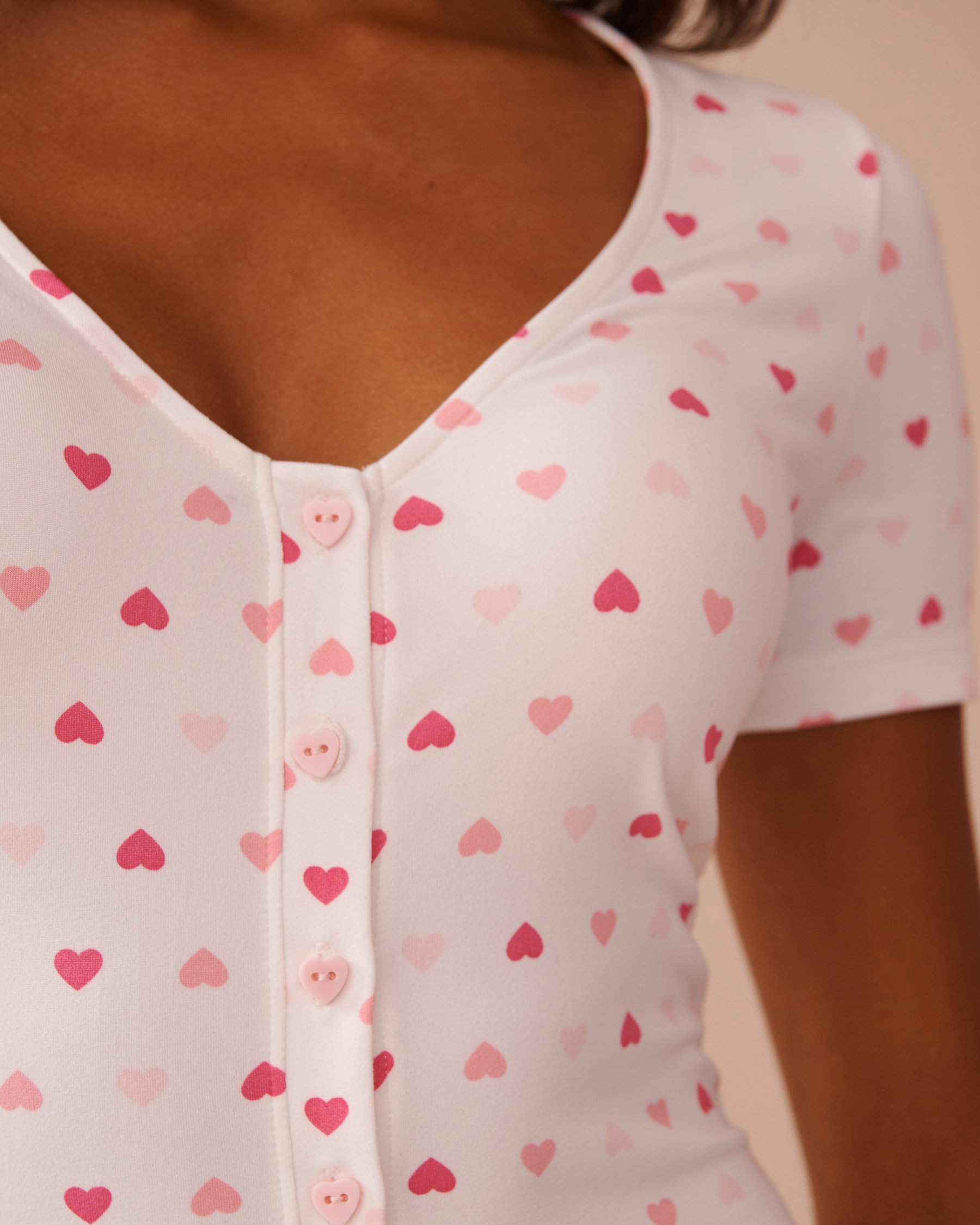 LA VIE EN ROSE Heart Print Super Soft Short Sleeve Romper White/Pink Hearts 40300053 - View3