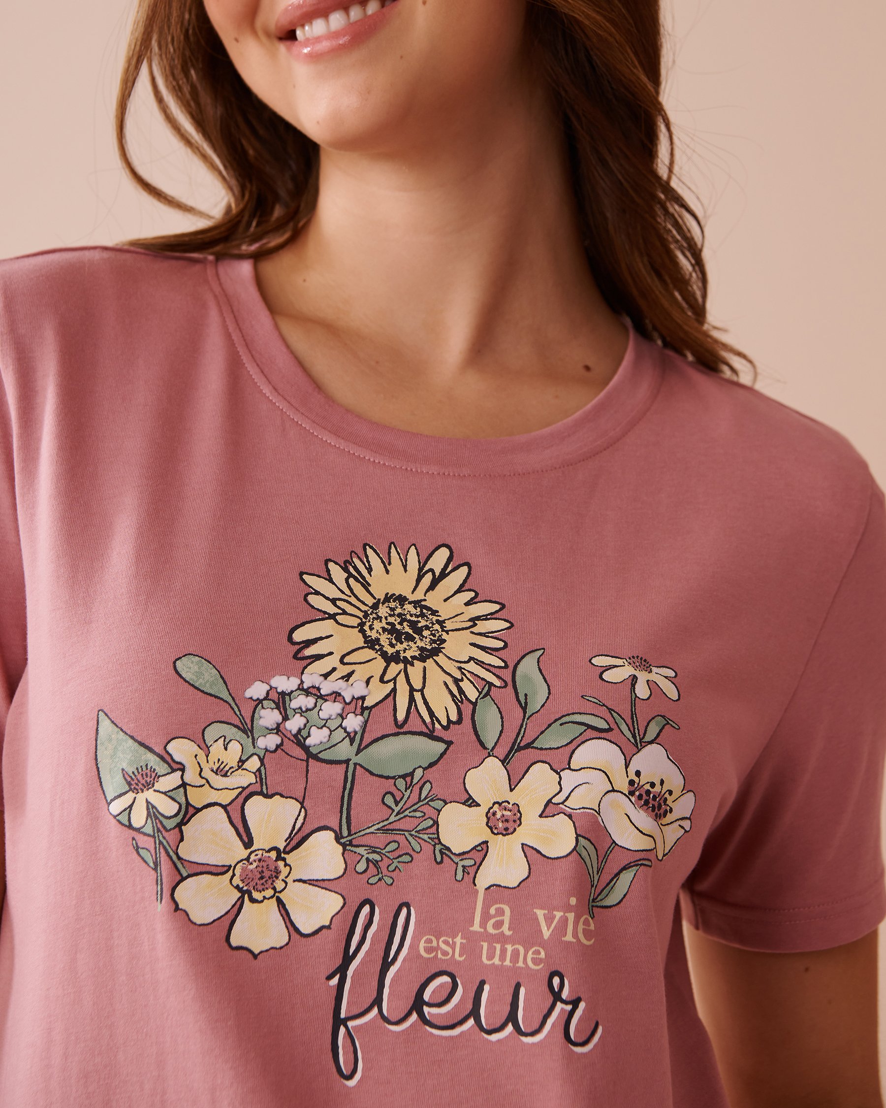 LA VIE EN ROSE Sunflower Print Cotton Crew Neck T-shirt Old Pink 40100693 - View6