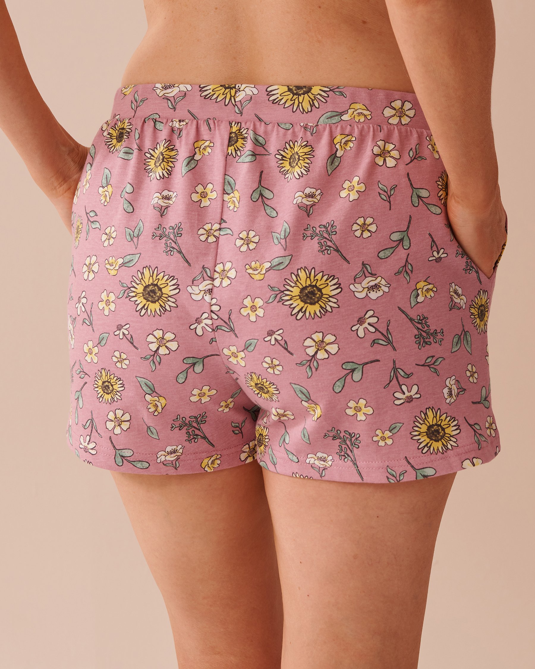 LA VIE EN ROSE Sunflower Print Cotton Pajama Shorts Old Pink/Sunflowers 40200679 - View2