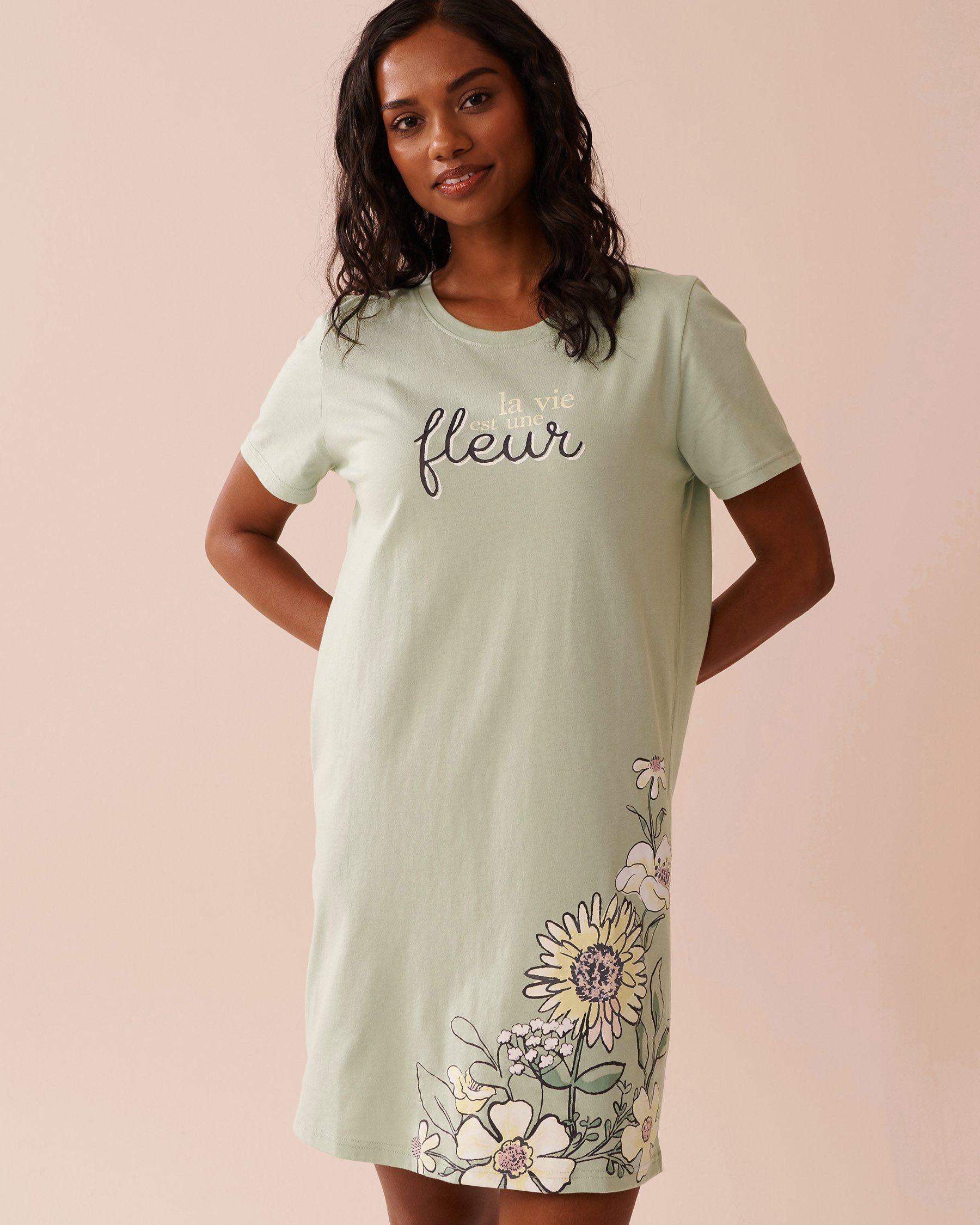 LA VIE EN ROSE Sunflower Print Cotton Short Sleeve Sleepshirt Frosty Green 40500412 - View4
