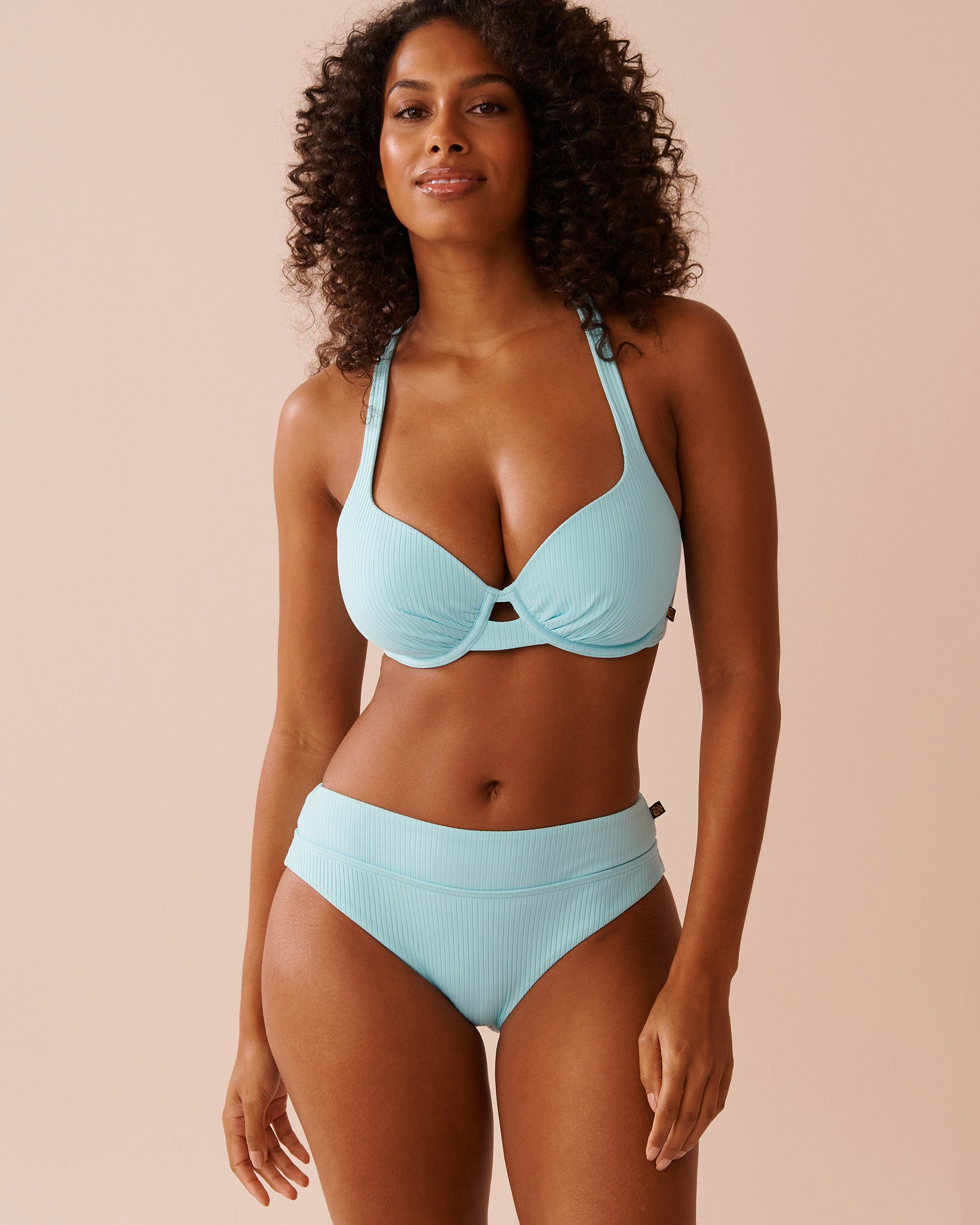 LA VIE EN ROSE AQUA CYAN BLUE Textured Mid Waist Brazilian Bikini Bottom Cyan Blue 70300639 - View6