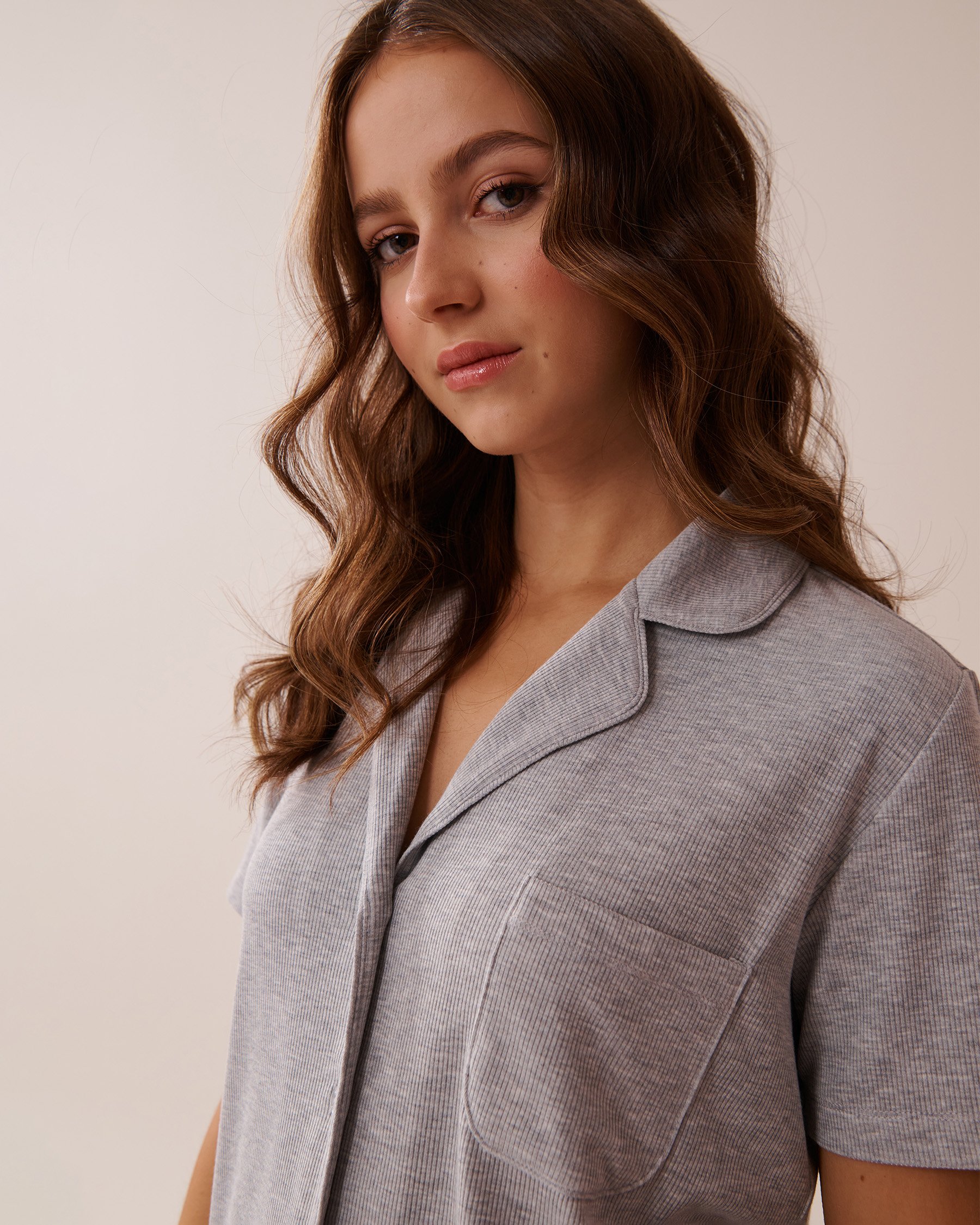 LA VIE EN ROSE Ribbed Modal Button-down Shirt Grey 60100128 - View3