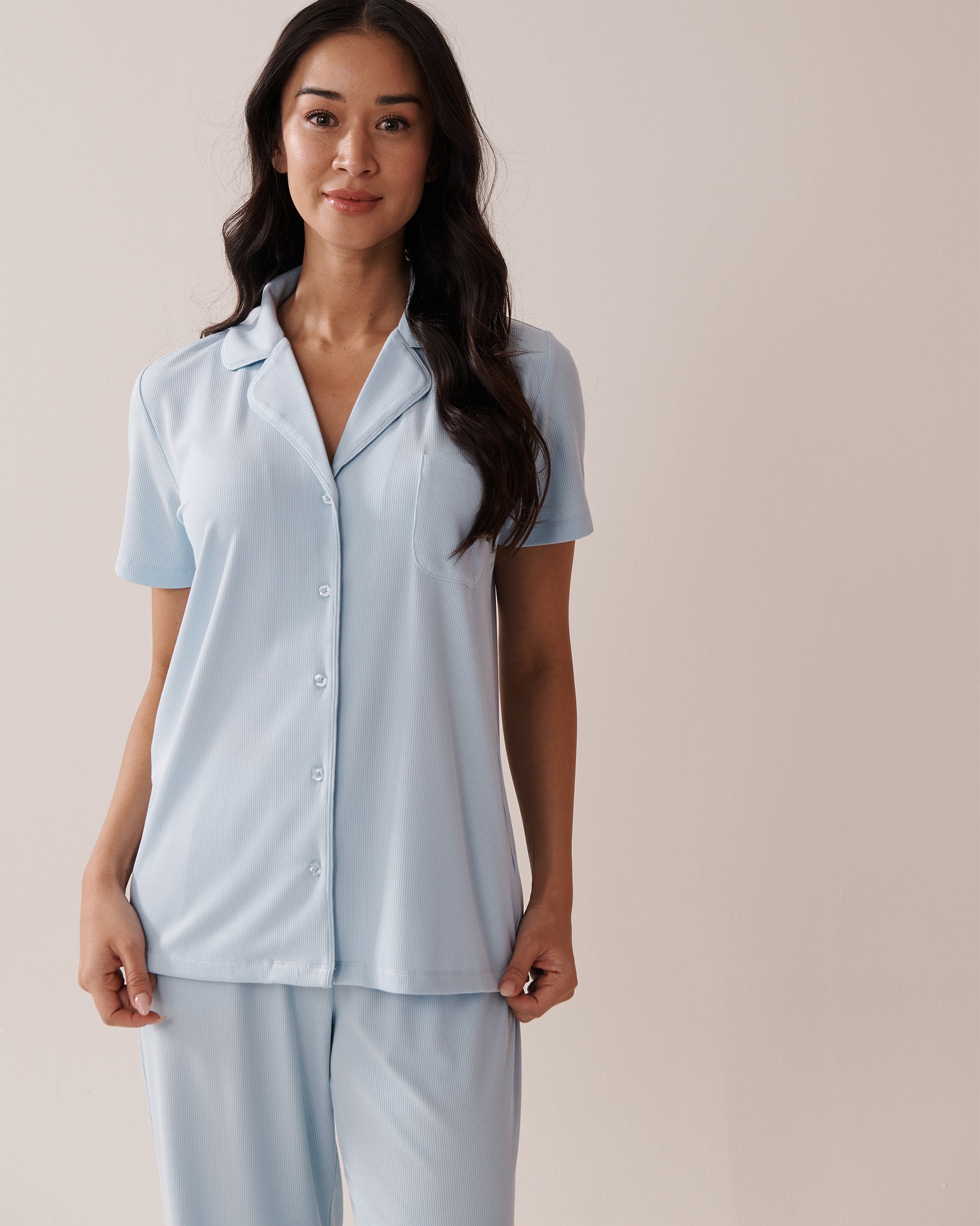 LA VIE EN ROSE Ribbed Modal Button-down Shirt Cool Blue 60100128 - View1