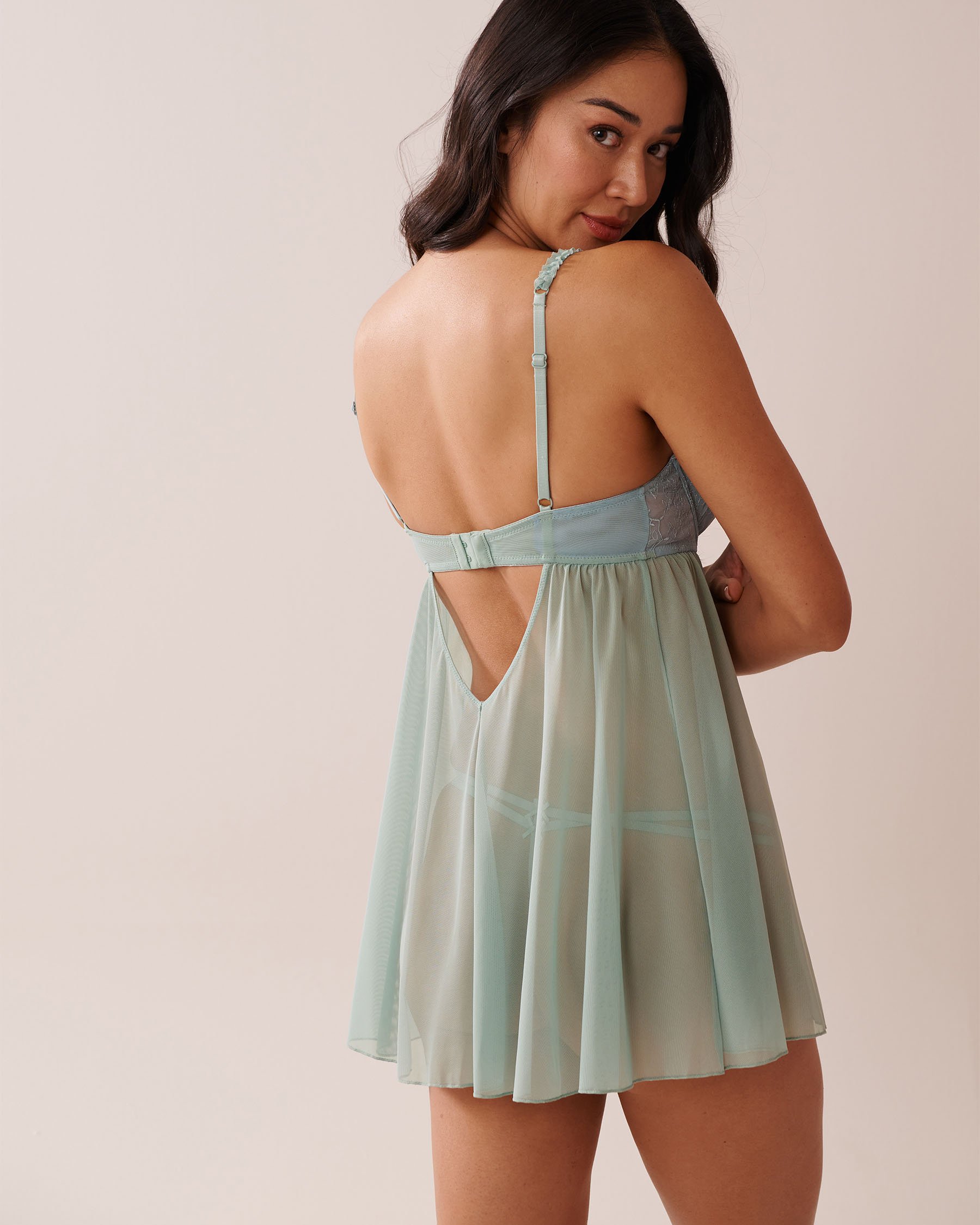 LA VIE EN ROSE Embroidered Mesh Balconette Babydoll Sage Green 60500183 - View2