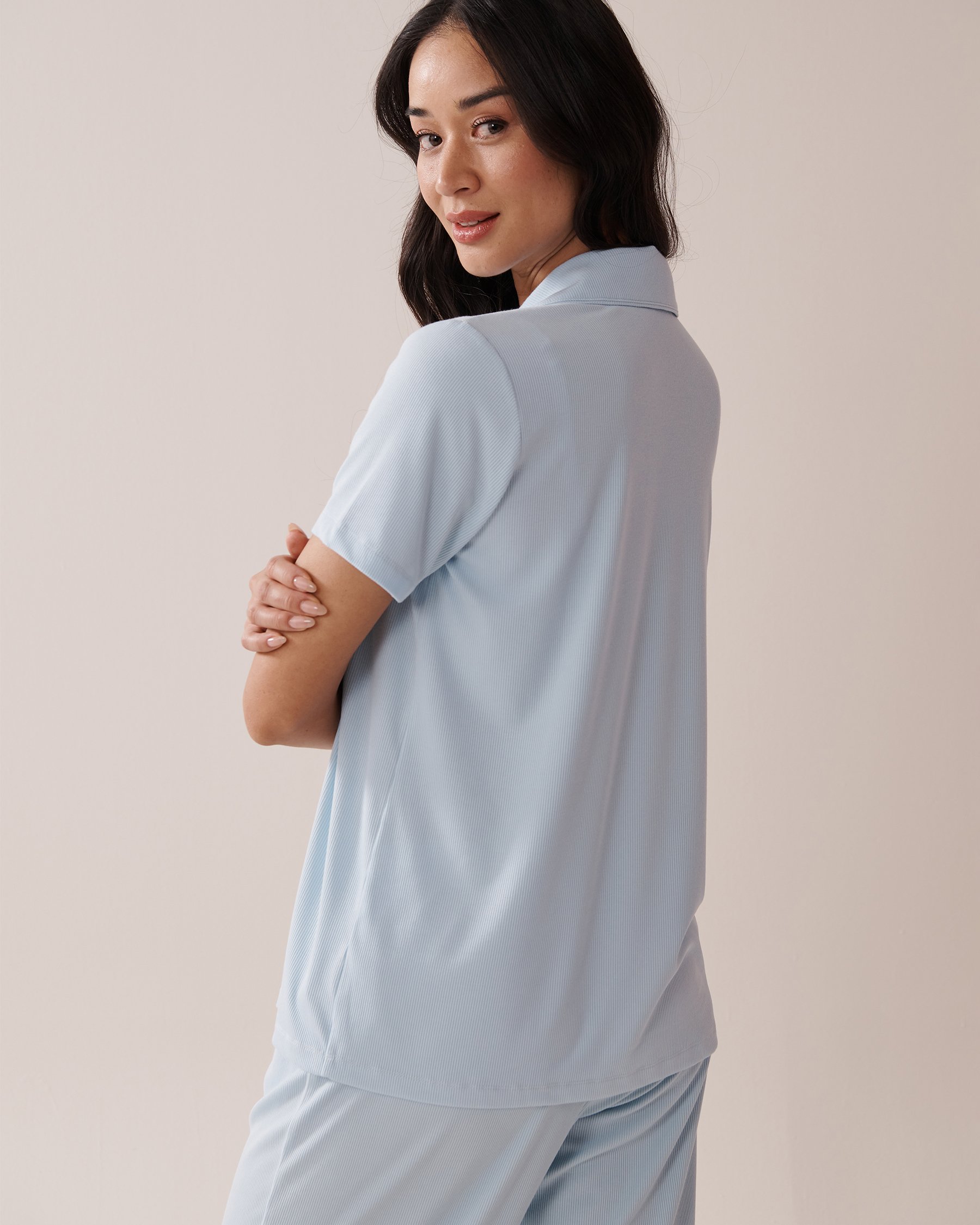 LA VIE EN ROSE Chemisier manches courtes en modal côtelé Bleu ciel 60100128 - View2