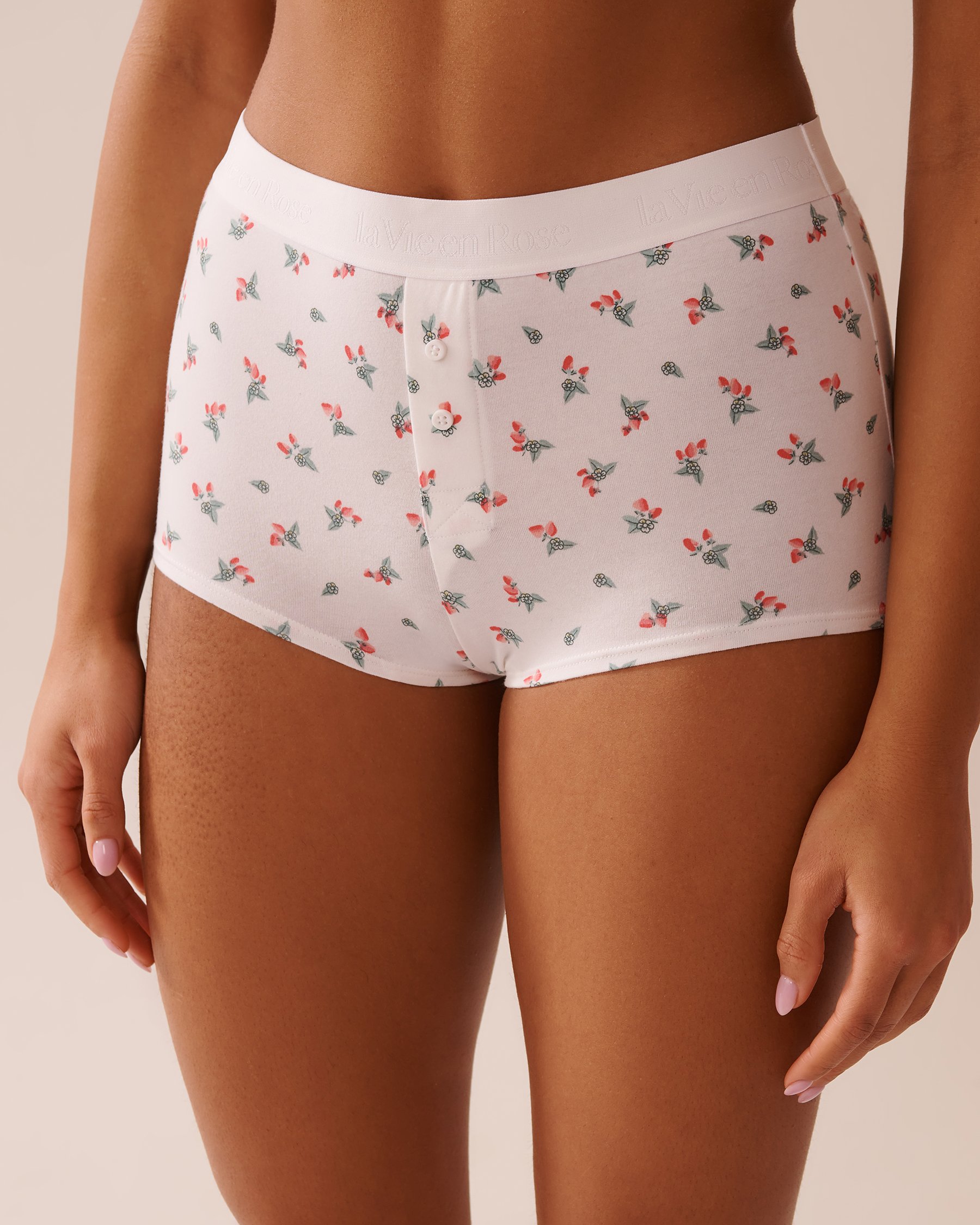 LA VIE EN ROSE Cotton and Logo Elastic Band High Waist Boyleg Panty White/Strawberries 20100579 - View1
