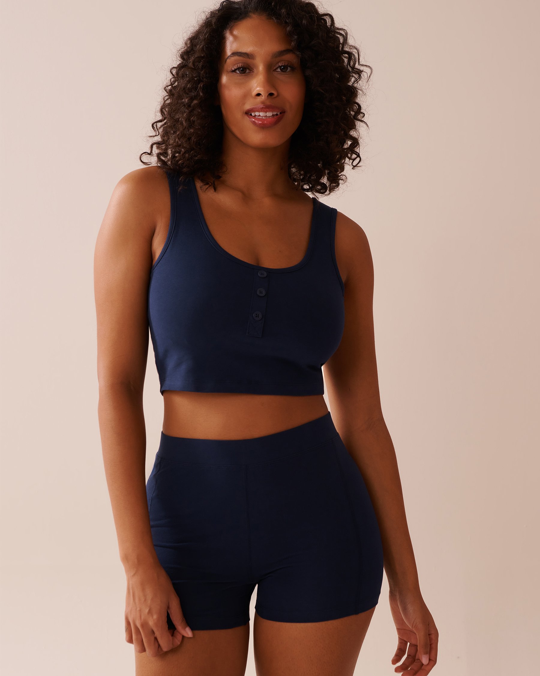 LA VIE EN ROSE Button Detail Cotton Crop Cami Navy Blue 40100695 - View1