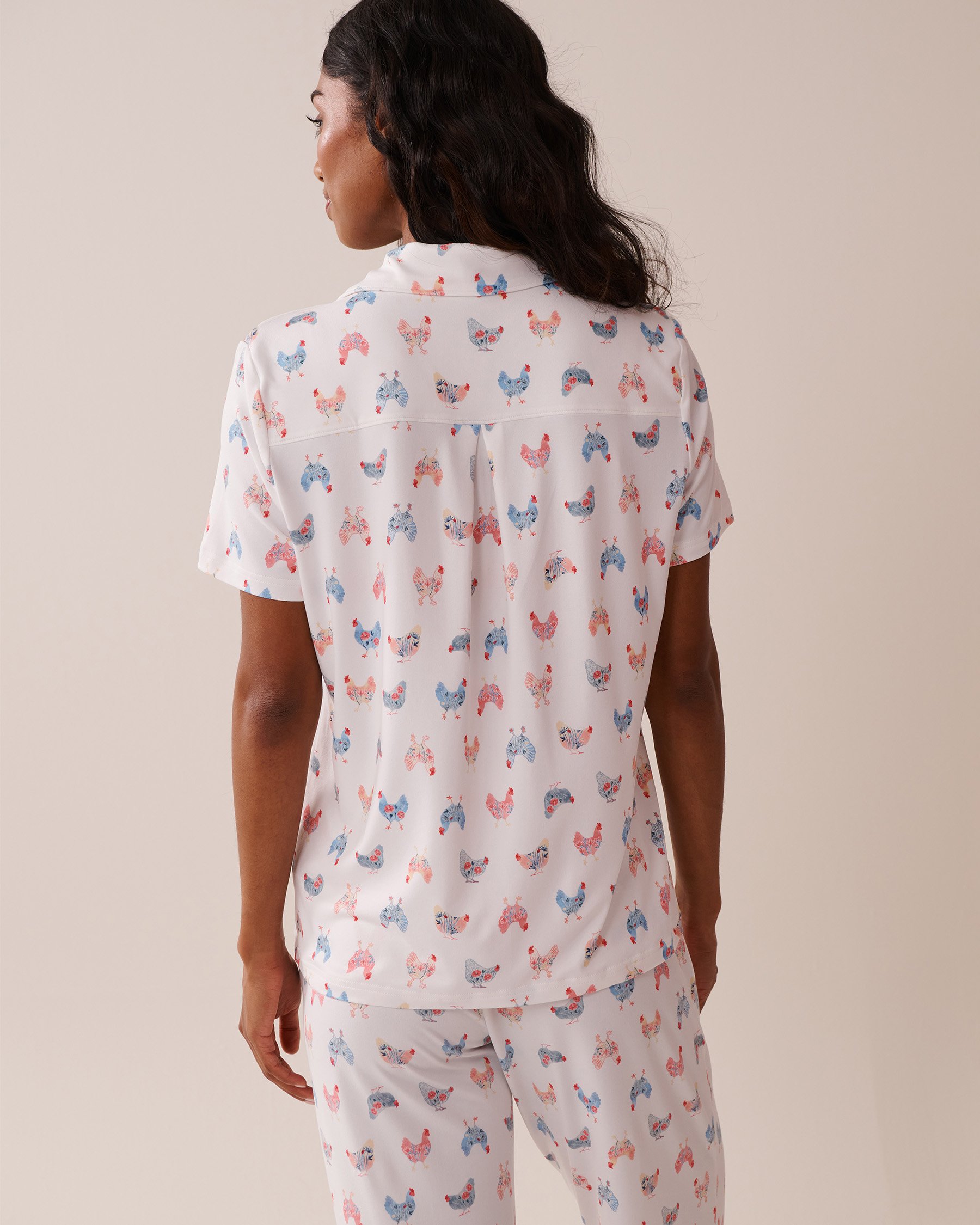 LA VIE EN ROSE Chicken Print Super Soft Button-down Shirt White/Chickens 40100711 - View2