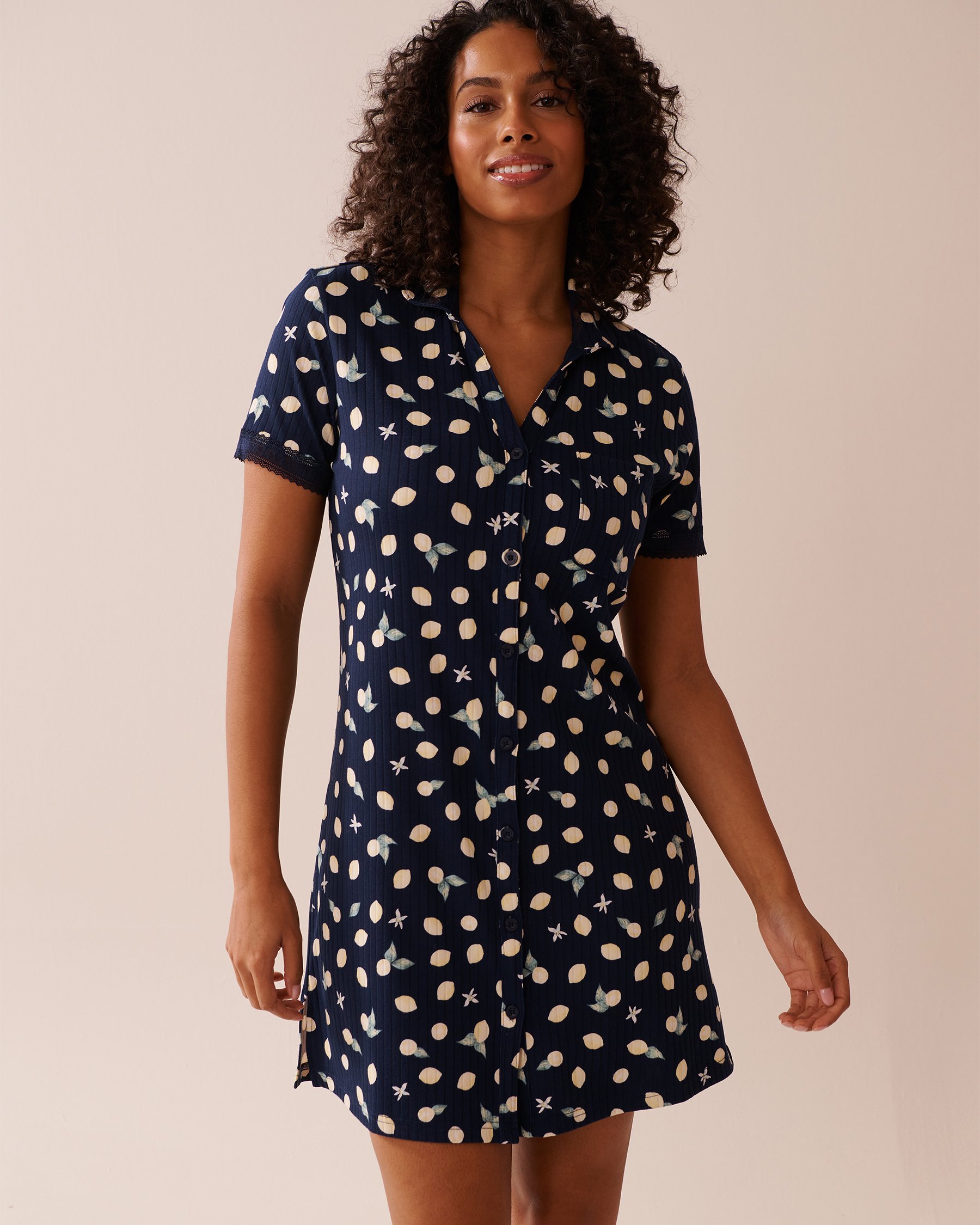 LA VIE EN ROSE Lemon Print Lace Trim Ribbed Jersey Sleepshirt Navy Blue/Lemons 40500417 - View1