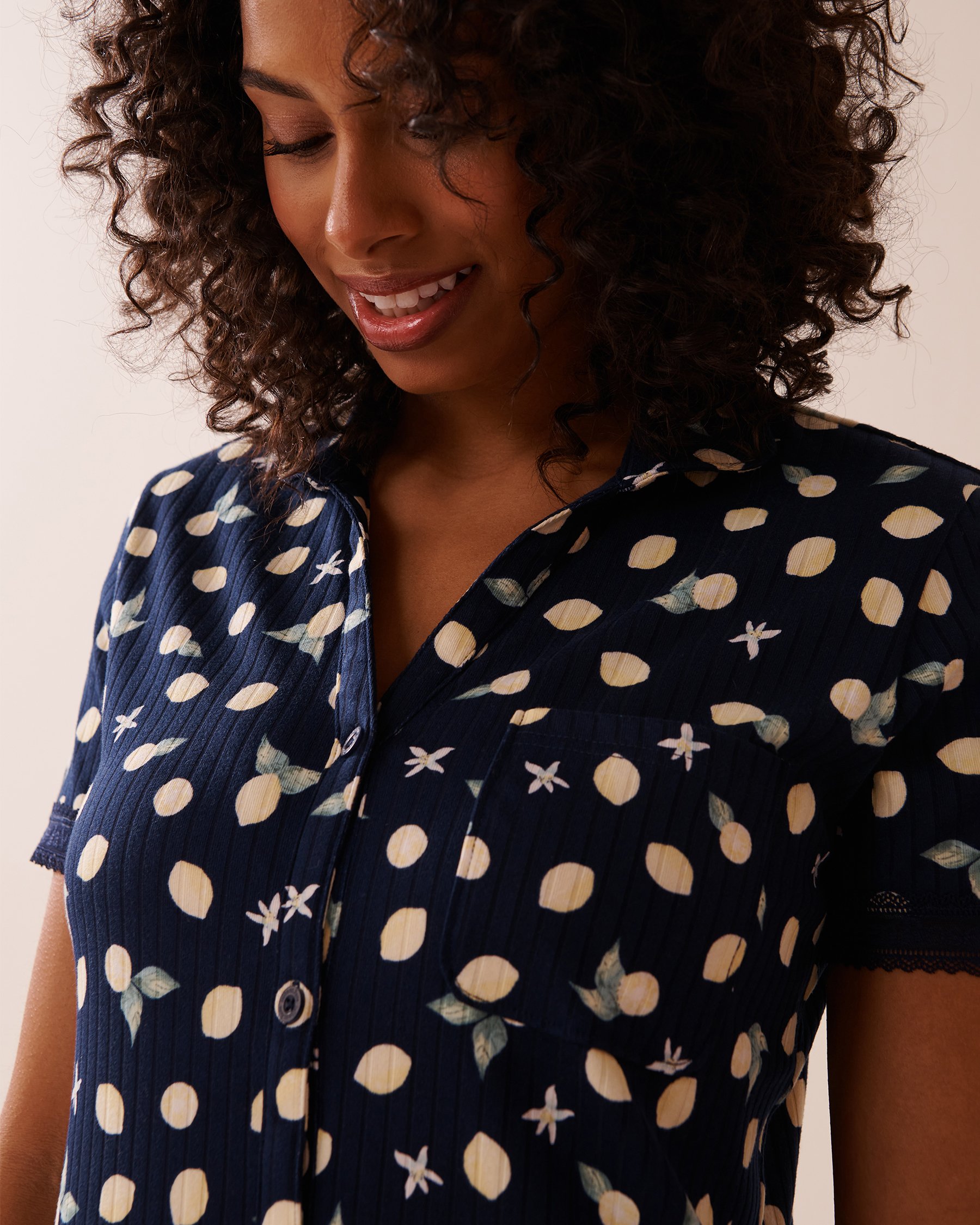 LA VIE EN ROSE Lemon Print Lace Trim Ribbed Jersey Sleepshirt Navy Blue/Lemons 40500417 - View3