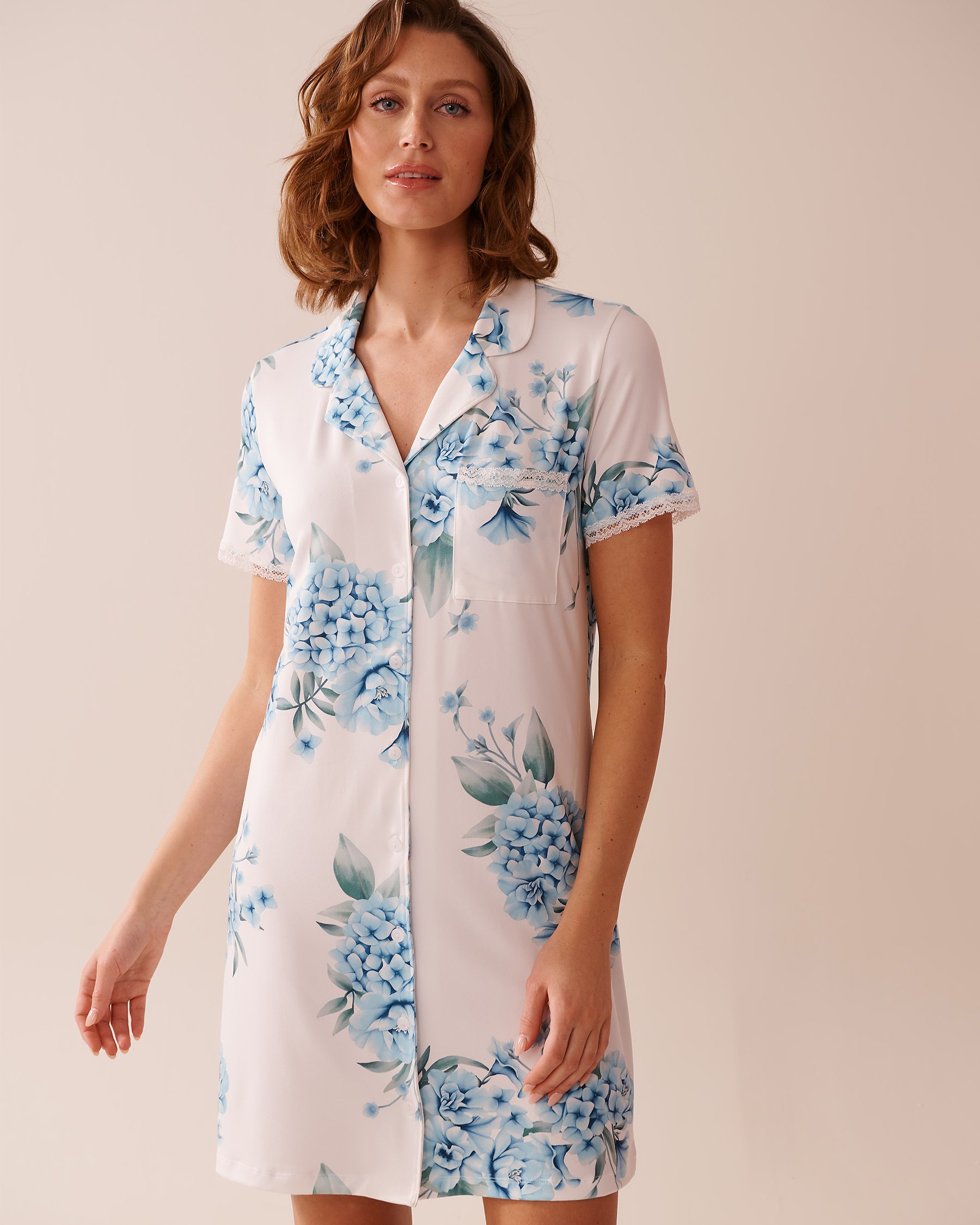 LA VIE EN ROSE Hydrangea Print Super Soft Button-down Sleepshirt Blue Hydrangea Garden 40500418 - View1