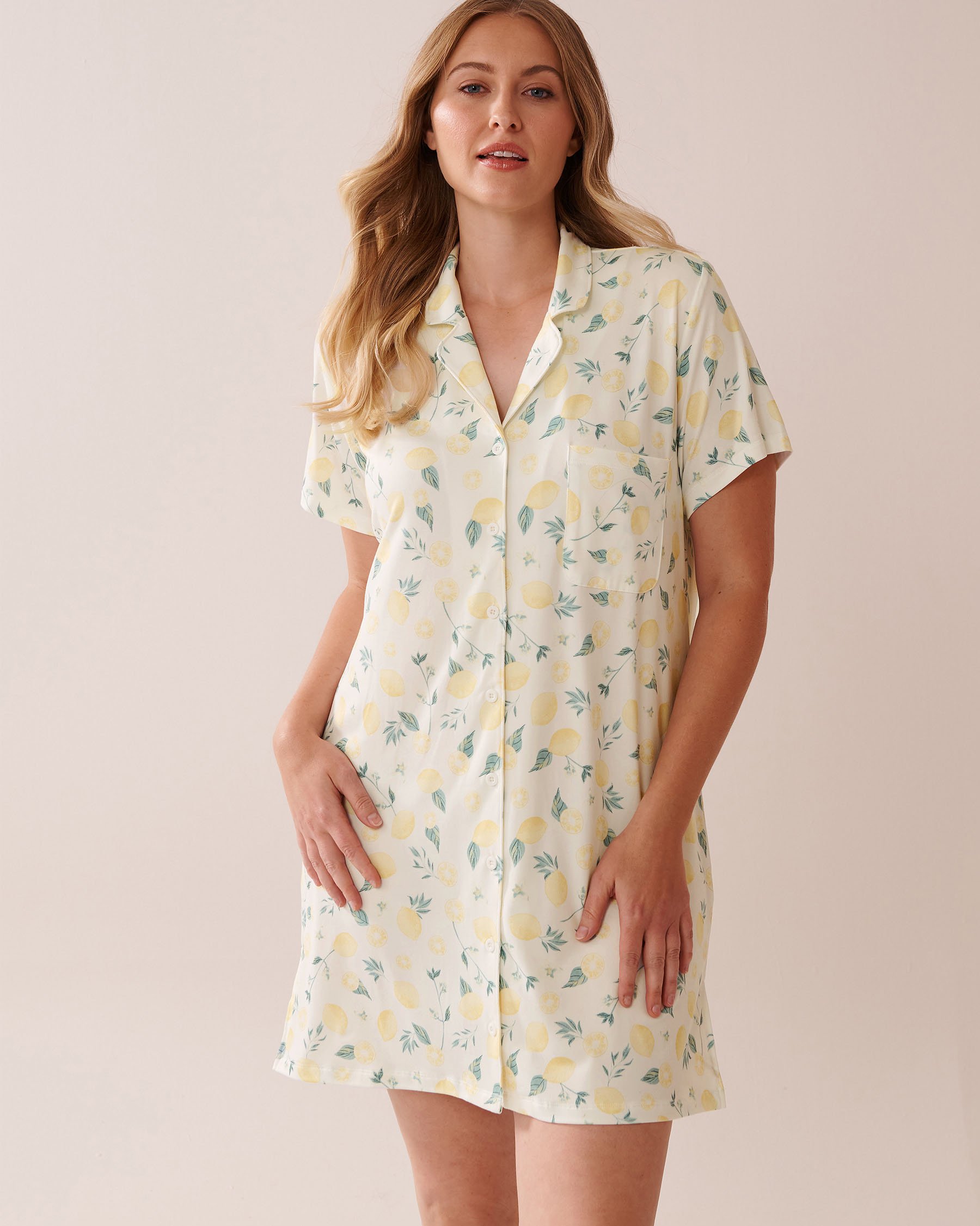 LA VIE EN ROSE Lemon Print Super Soft Button-down Sleepshirt White/Lemons 40500424 - View4