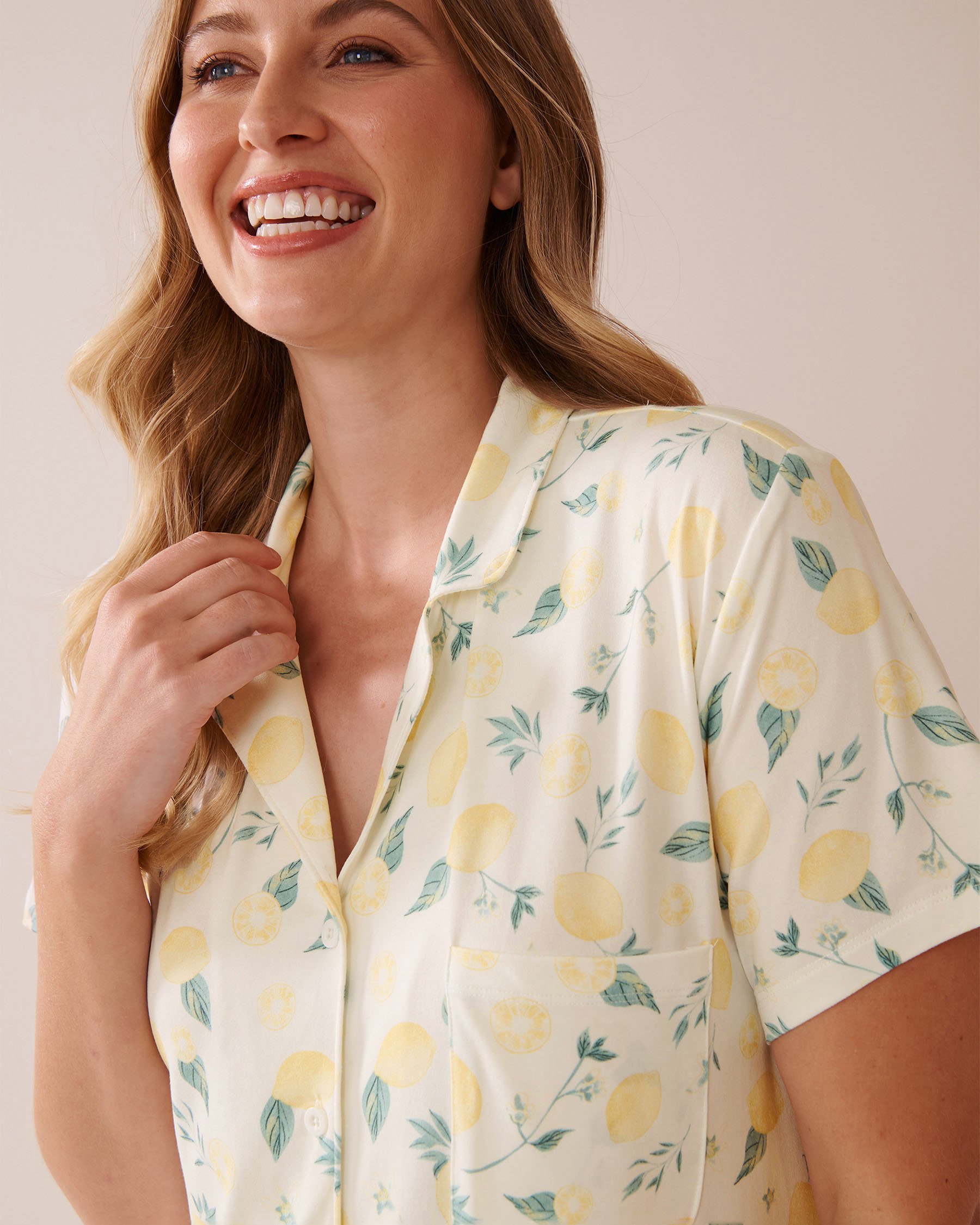 LA VIE EN ROSE Lemon Print Super Soft Button-down Sleepshirt White/Lemons 40500424 - View6