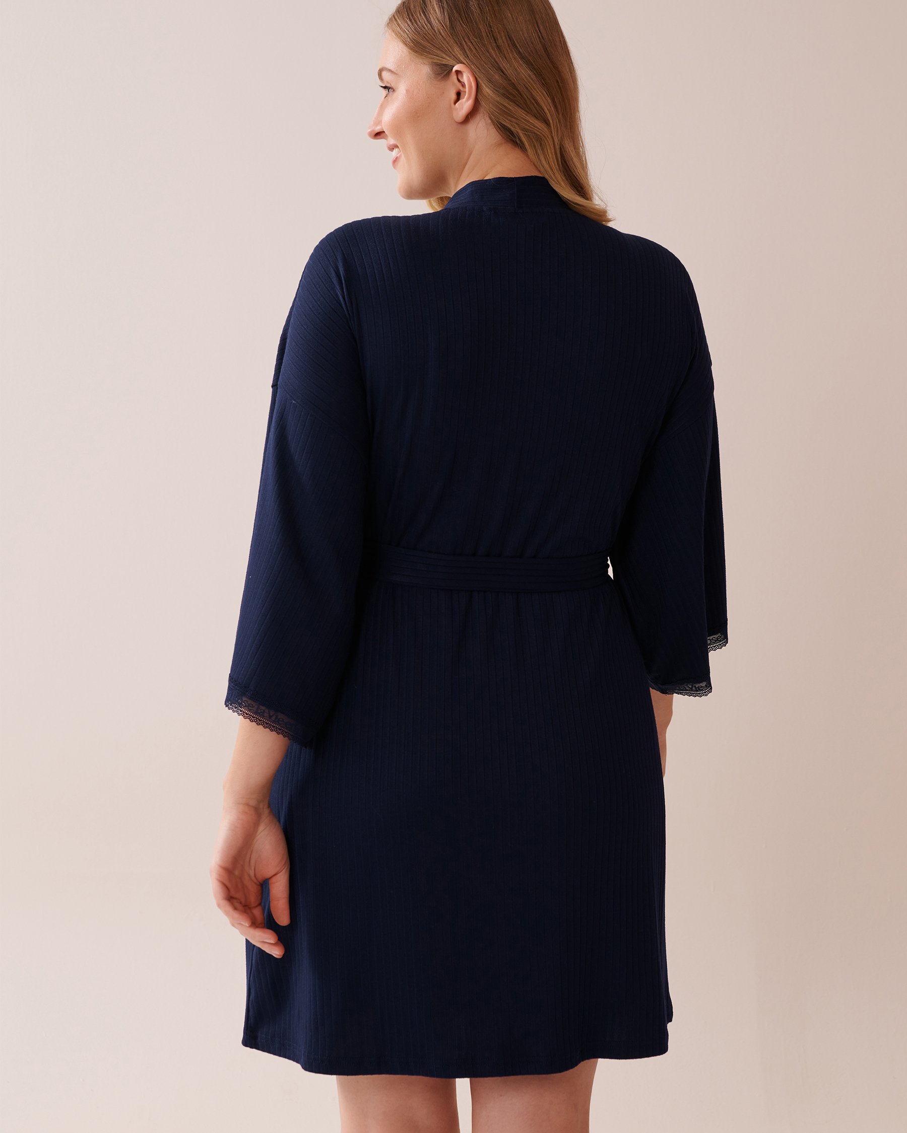 LA VIE EN ROSE Lace Trim Ribbed Jersey Kimono Navy Blue 40600202 - View2