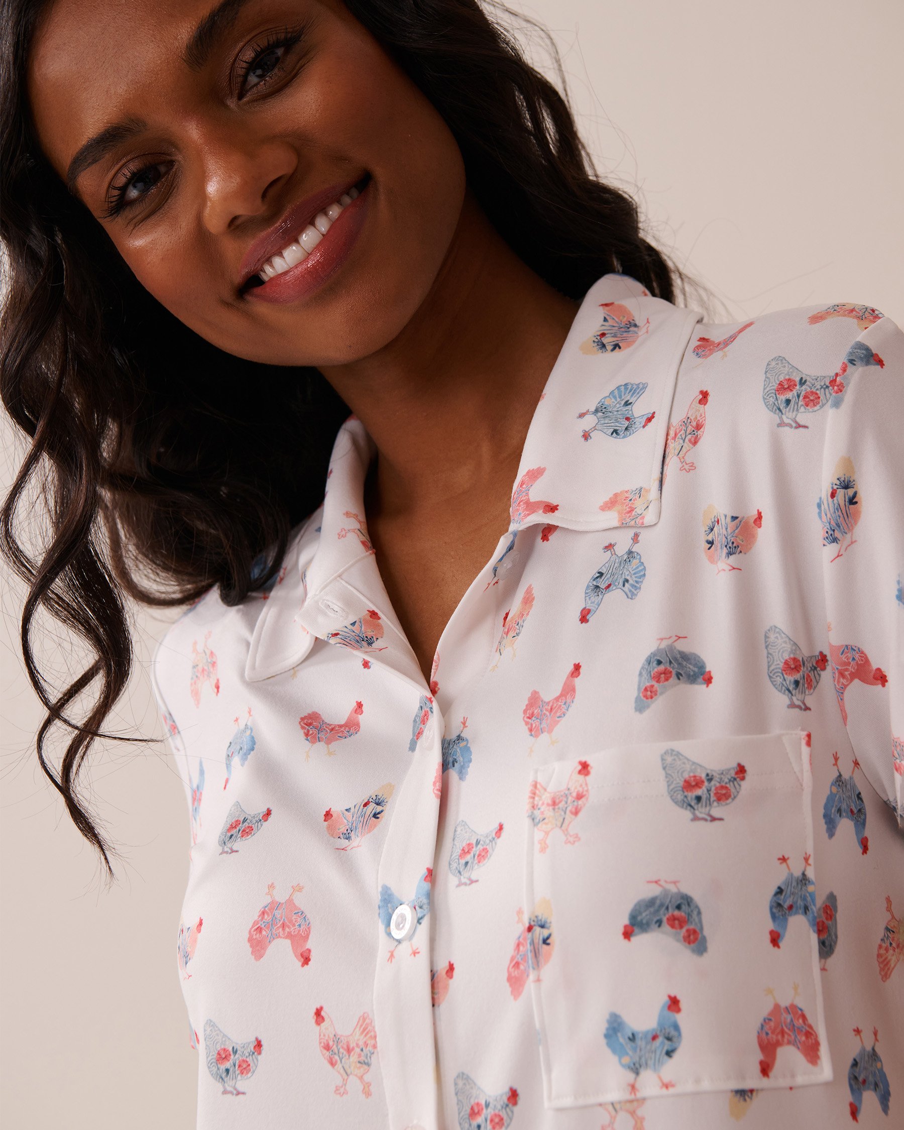 LA VIE EN ROSE Chicken Print Super Soft Button-down Shirt White/Chickens 40100711 - View3