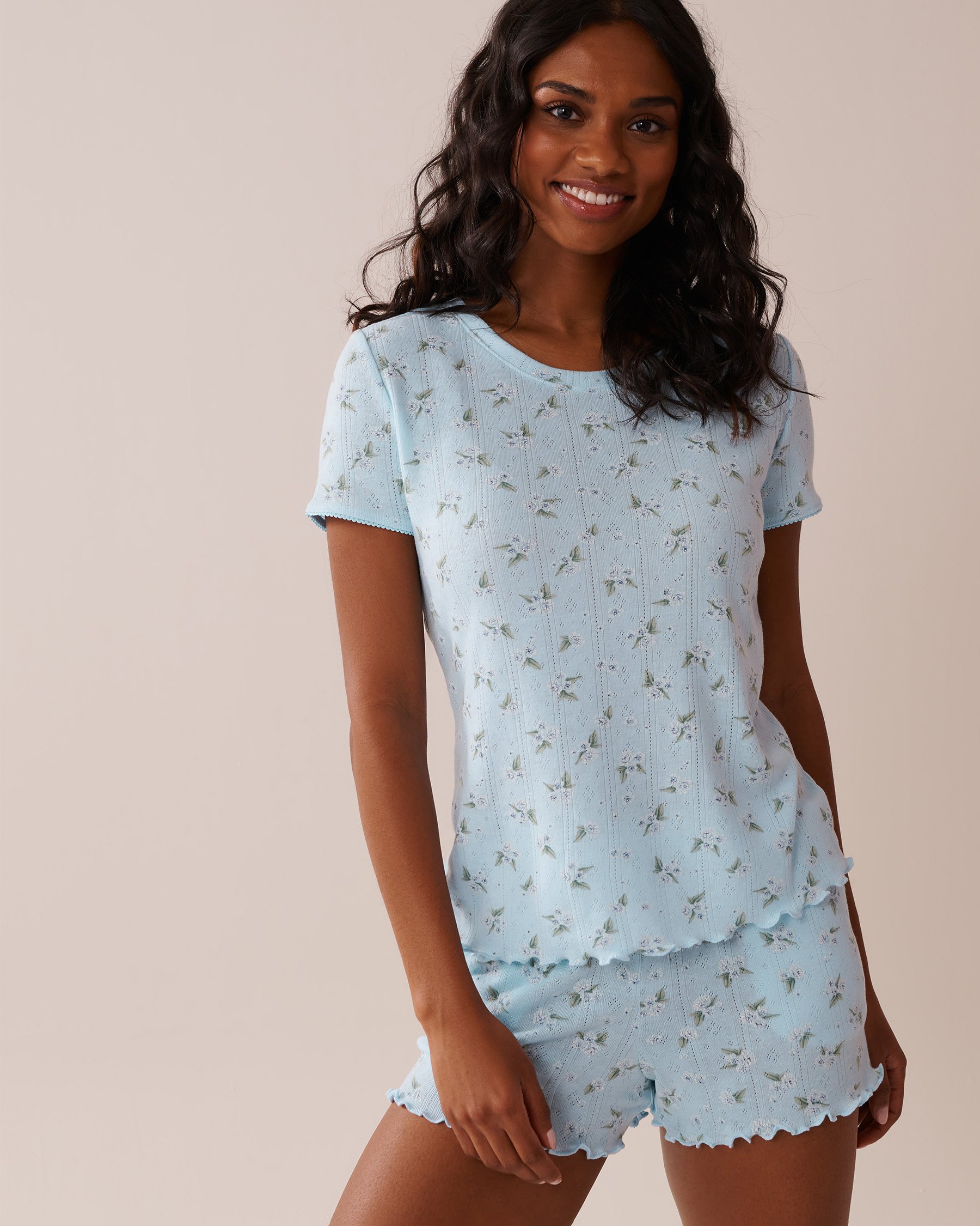 LA VIE EN ROSE Floral Print Lettuce Edge Pointelle T-shirt Blue/Hydrangeas 40100697 - View1