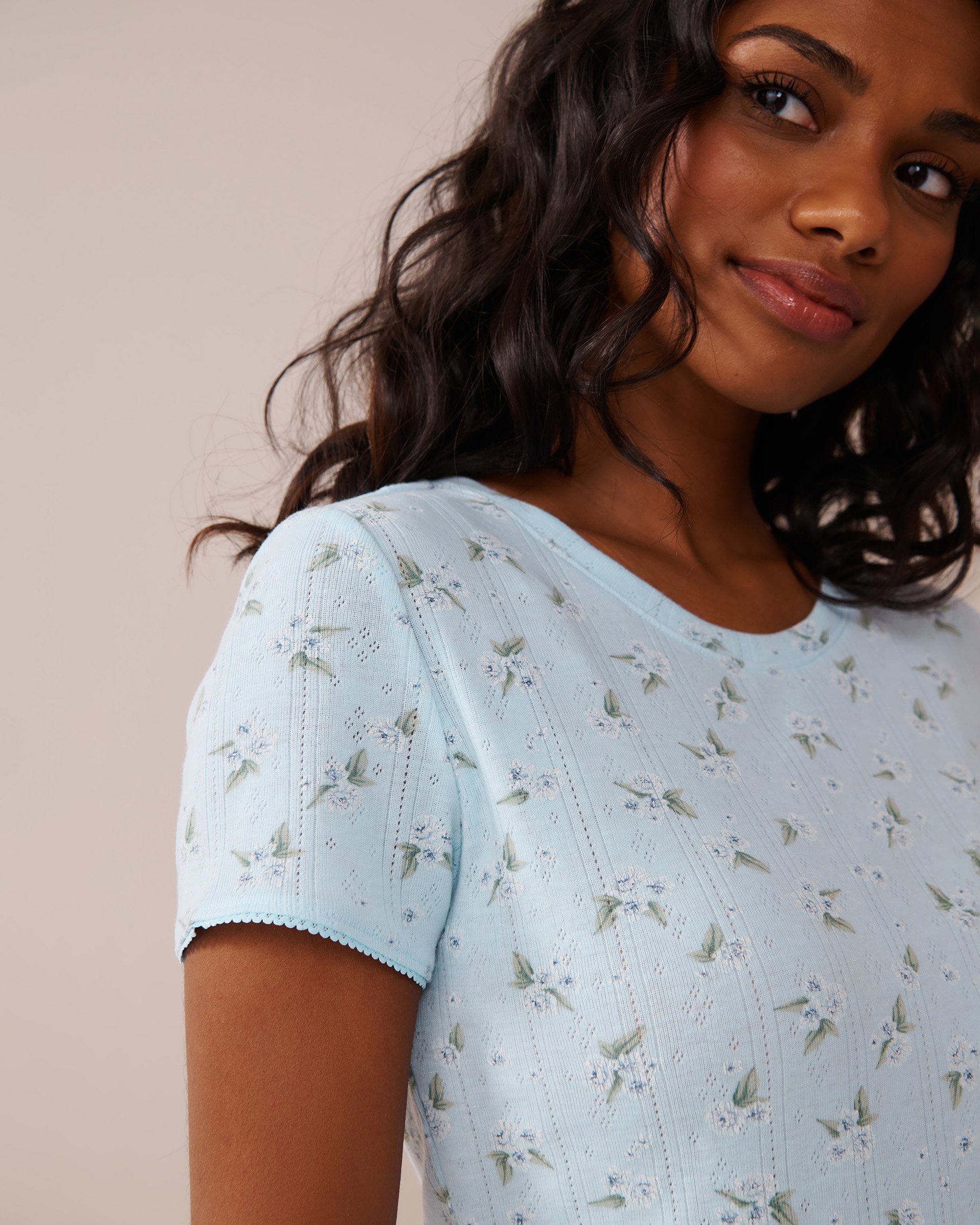 LA VIE EN ROSE Floral Print Lettuce Edge Pointelle T-shirt Blue/Hydrangeas 40100697 - View3