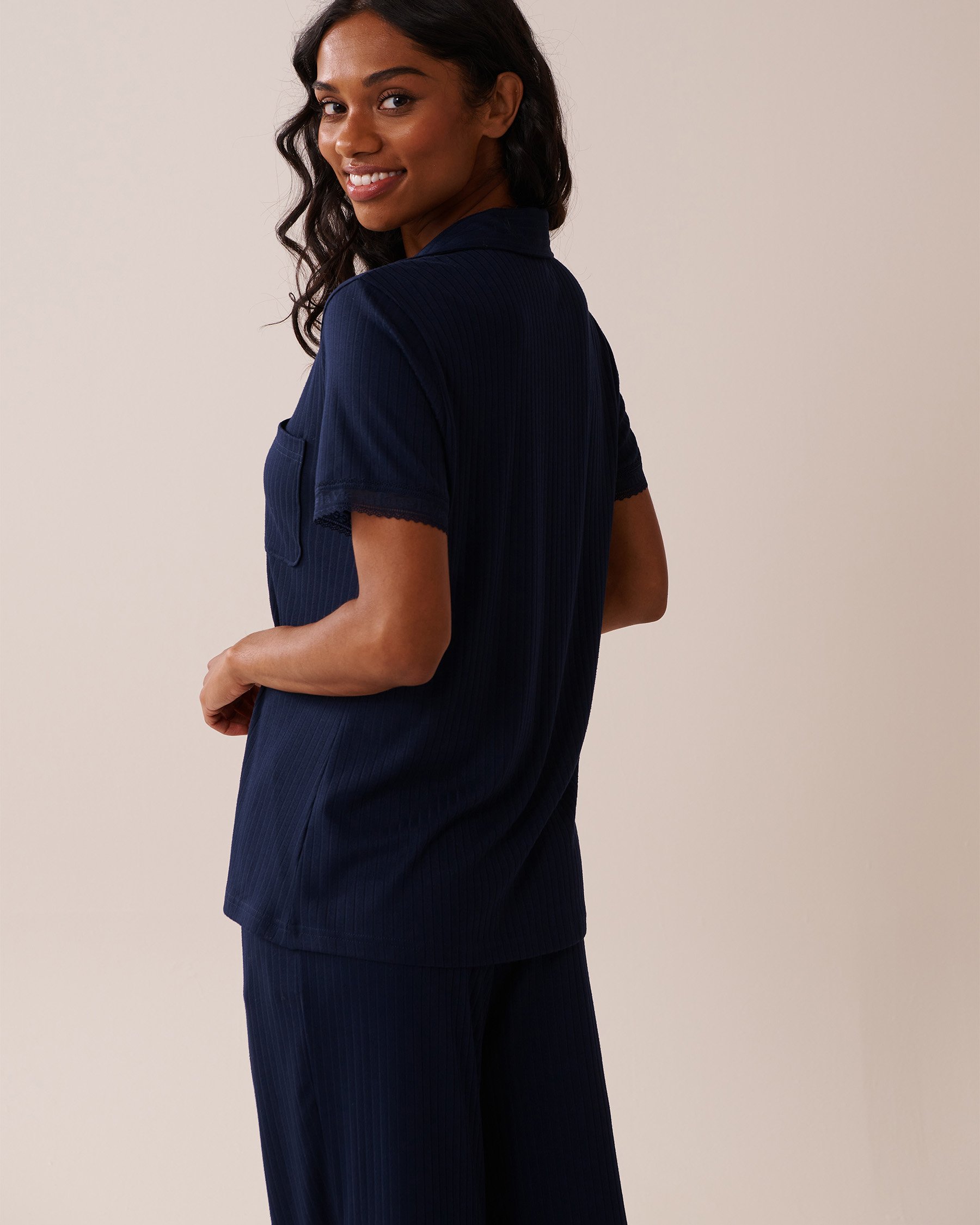 LA VIE EN ROSE Lace Trim Ribbed Jersey Button-down Shirt Navy Blue 40100704 - View2