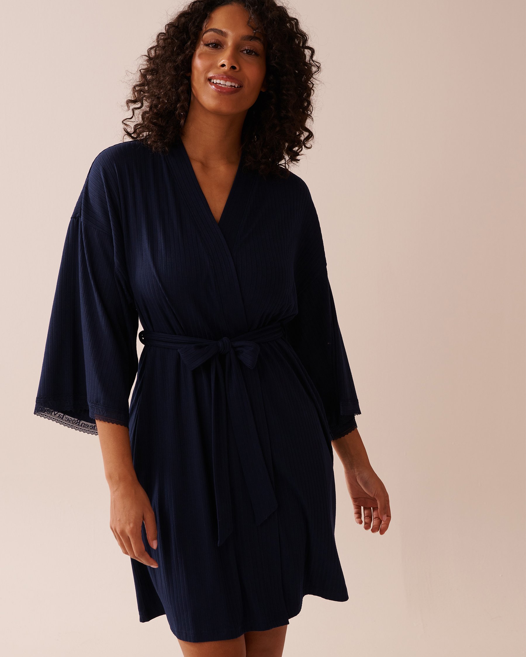LA VIE EN ROSE Lace Trim Ribbed Jersey Kimono Navy Blue 40600202 - View5