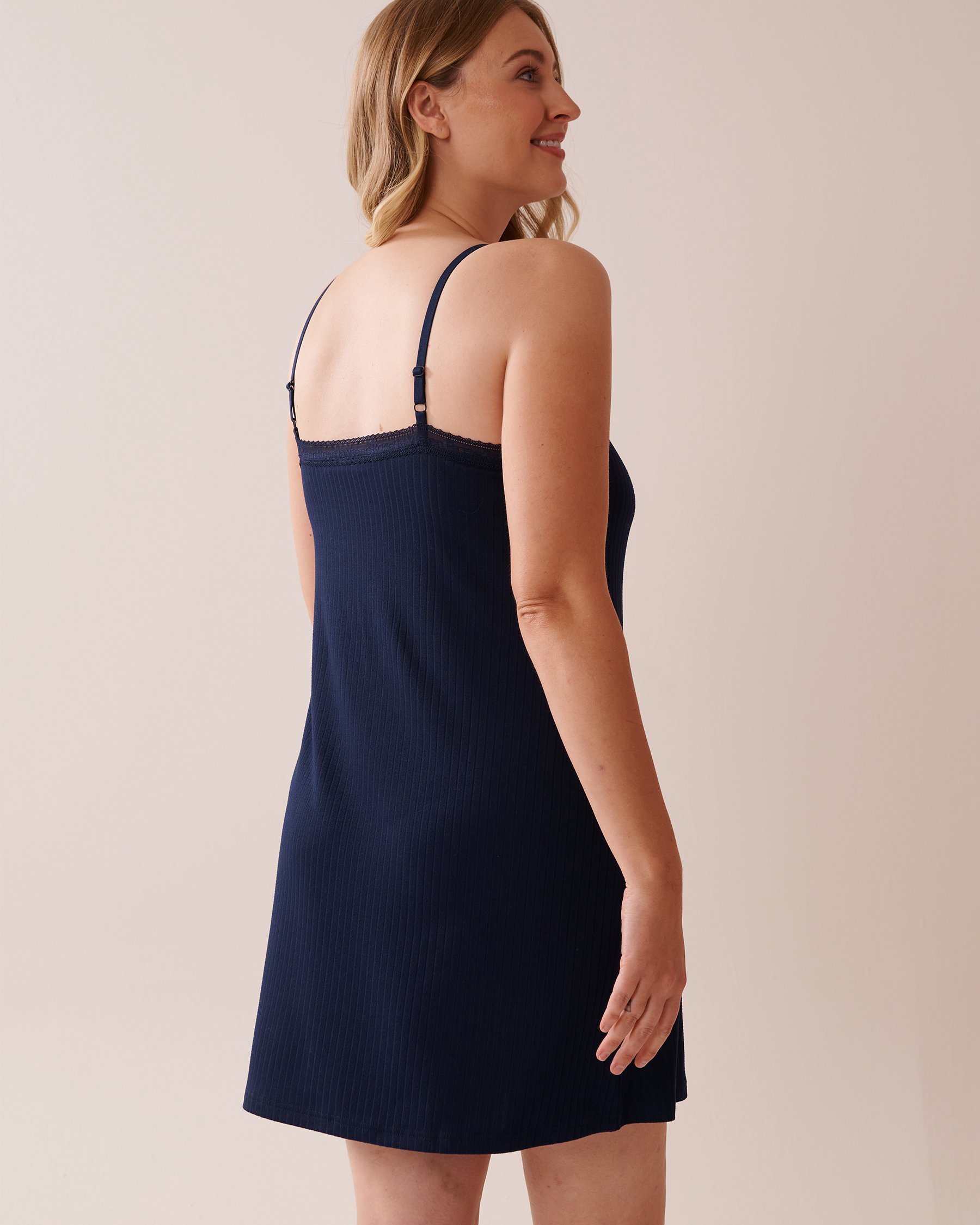 LA VIE EN ROSE Lace Trim Ribbed Jersey Nightie with Shelf Bra Navy Blue 40500416 - View2