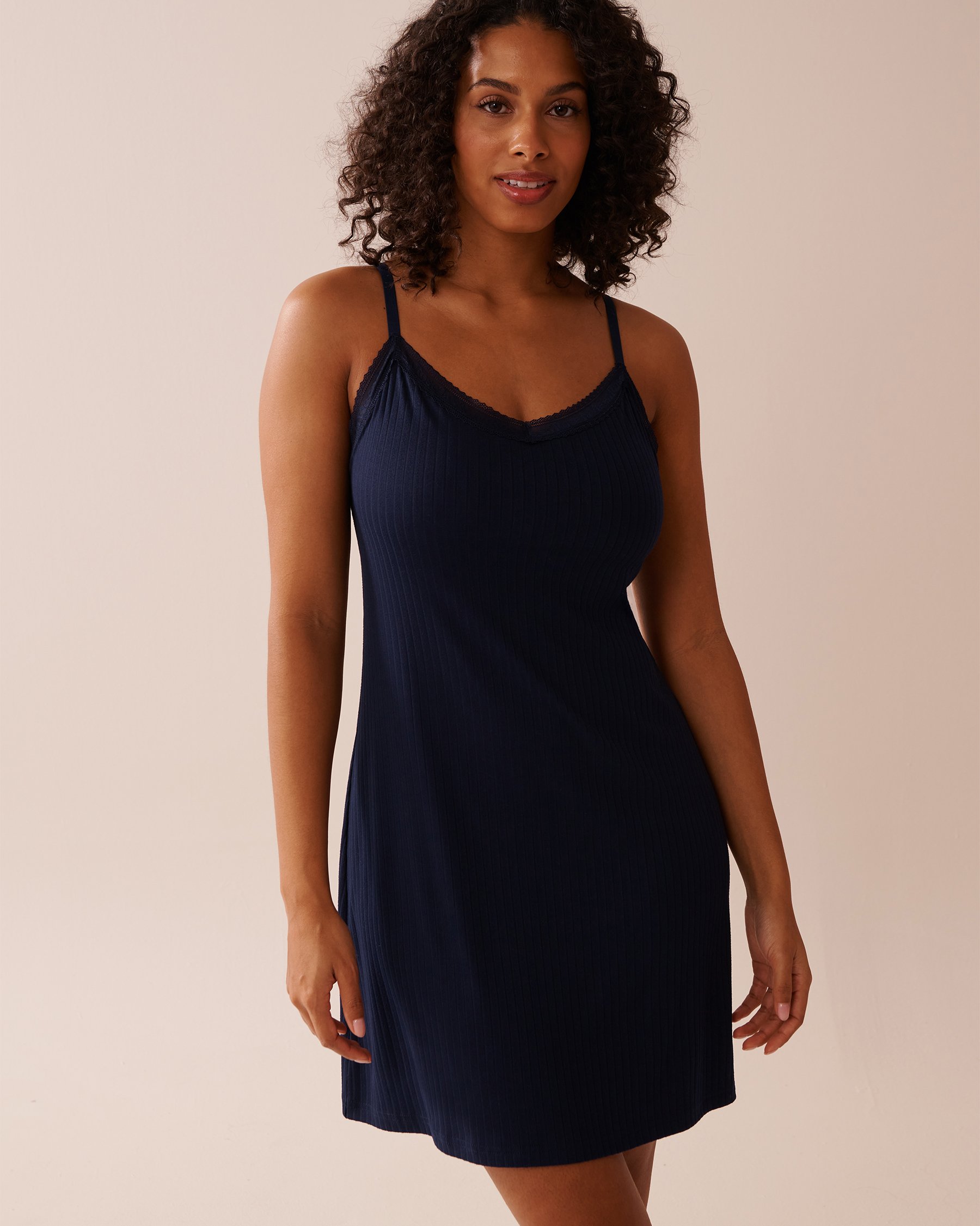 LA VIE EN ROSE Lace Trim Ribbed Jersey Nightie with Shelf Bra Navy Blue 40500416 - View4
