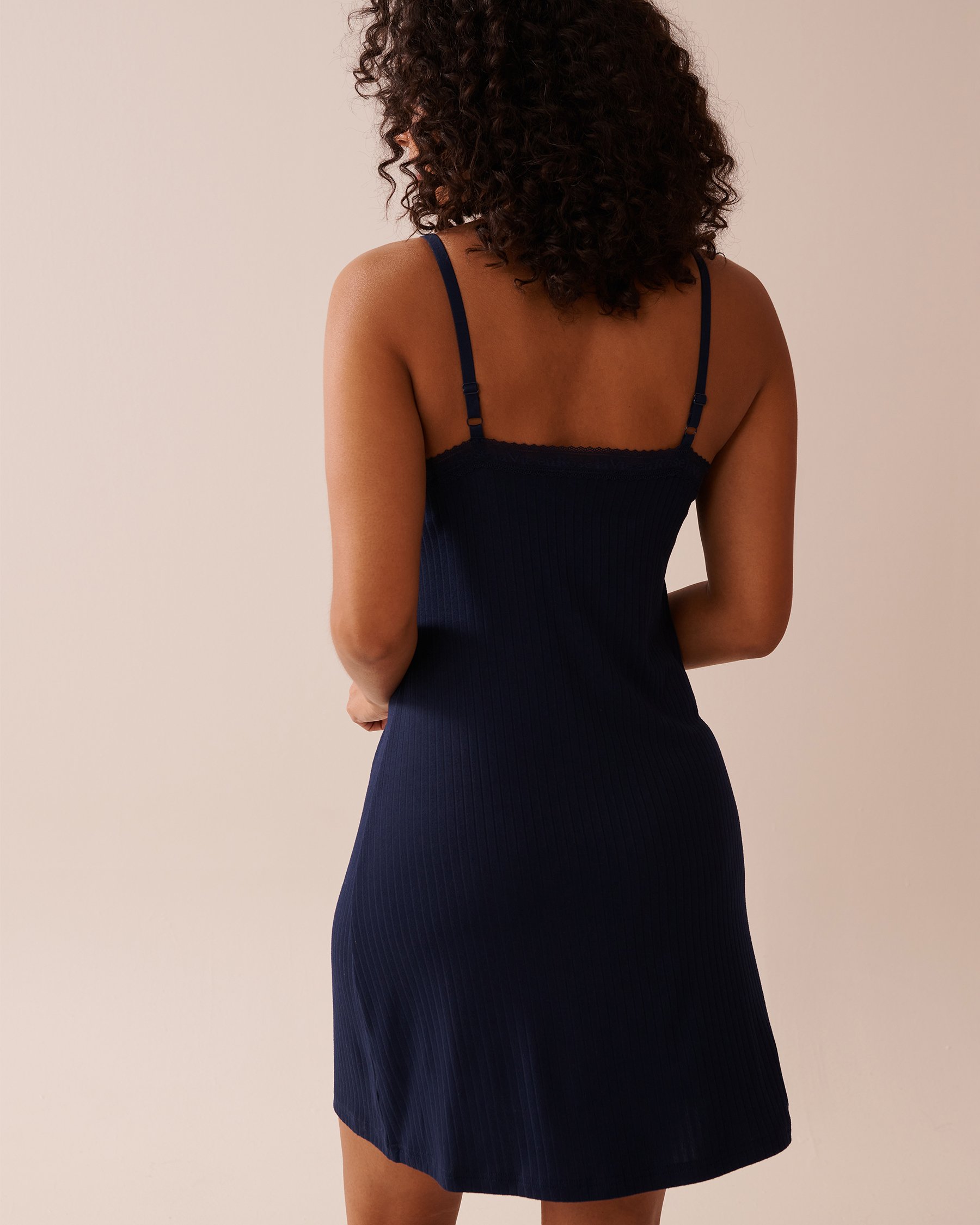 LA VIE EN ROSE Lace Trim Ribbed Jersey Nightie with Shelf Bra Navy Blue 40500416 - View5