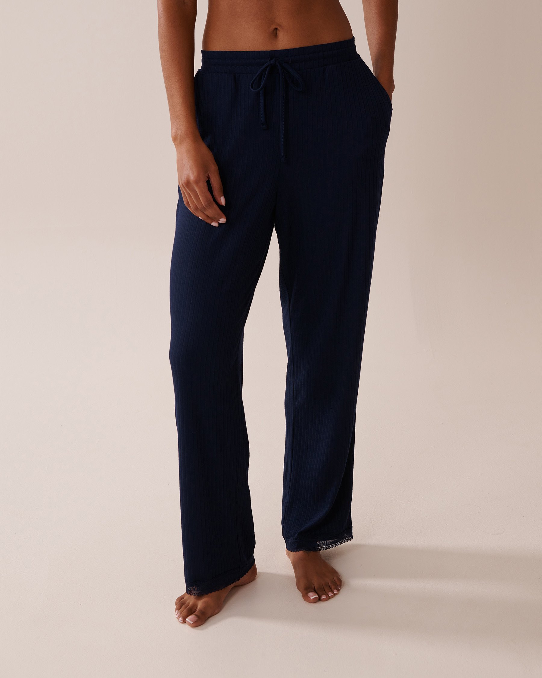 LA VIE EN ROSE Lace Trim Ribbed Jersey Pajama Pants Navy Blue 40200692 - View1