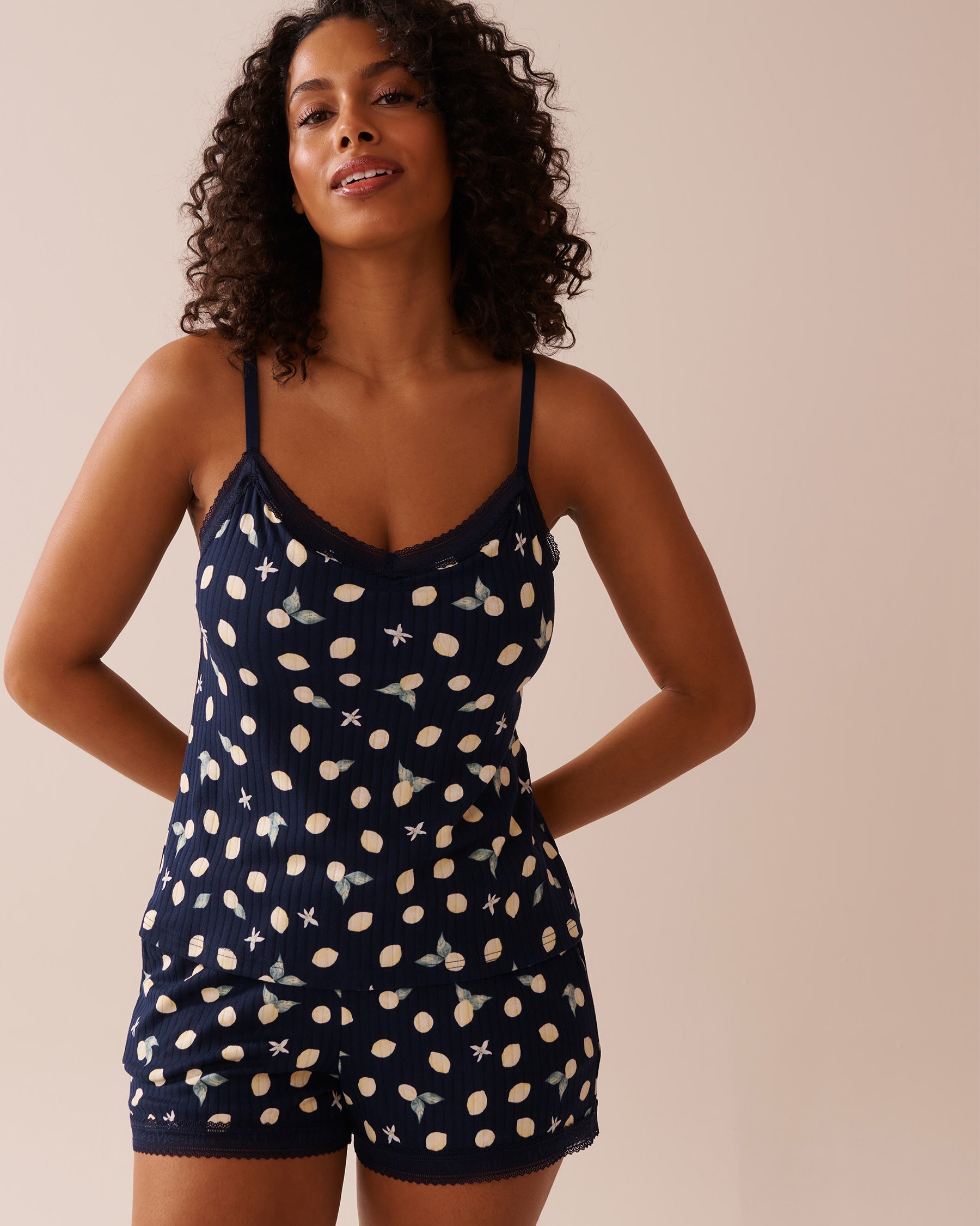 LA VIE EN ROSE Lemon Print Lace Trim Ribbed Jersey Cami with Shelf Bra Navy Blue/Lemons 40100705 - View1