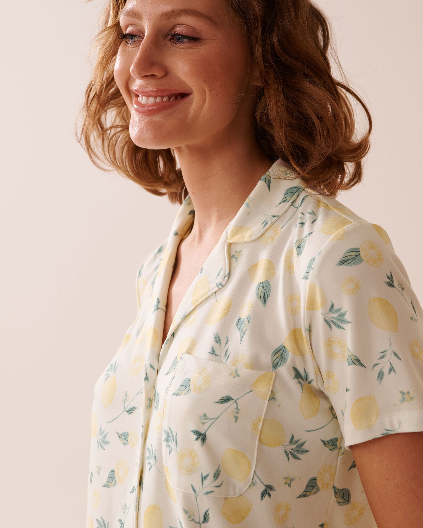 LA VIE EN ROSE Lemon Print Super Soft Button-down Shirt White/Lemons 40100717 - View5