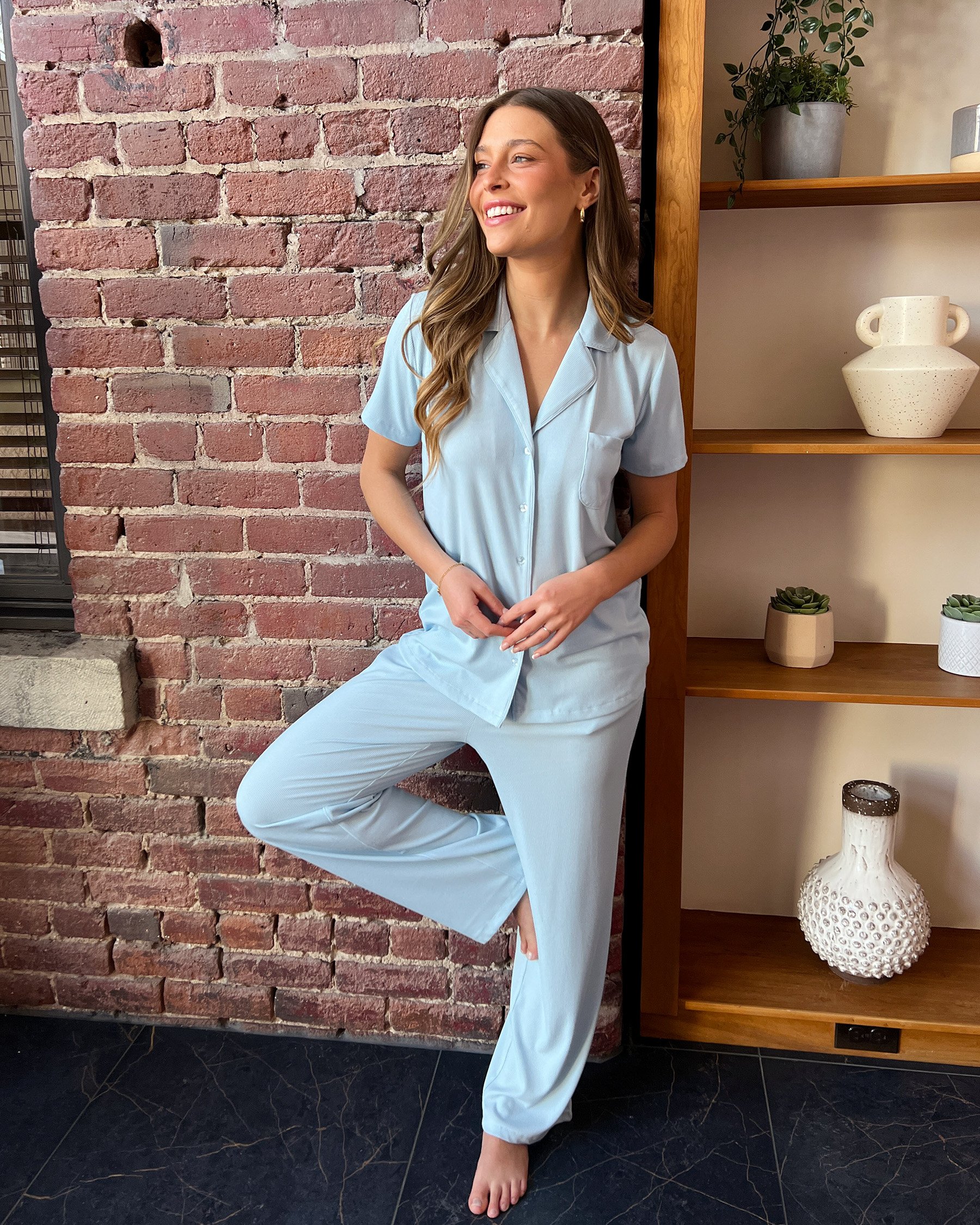 LA VIE EN ROSE Chemisier manches courtes en modal côtelé Bleu ciel 60100128 - Voir4