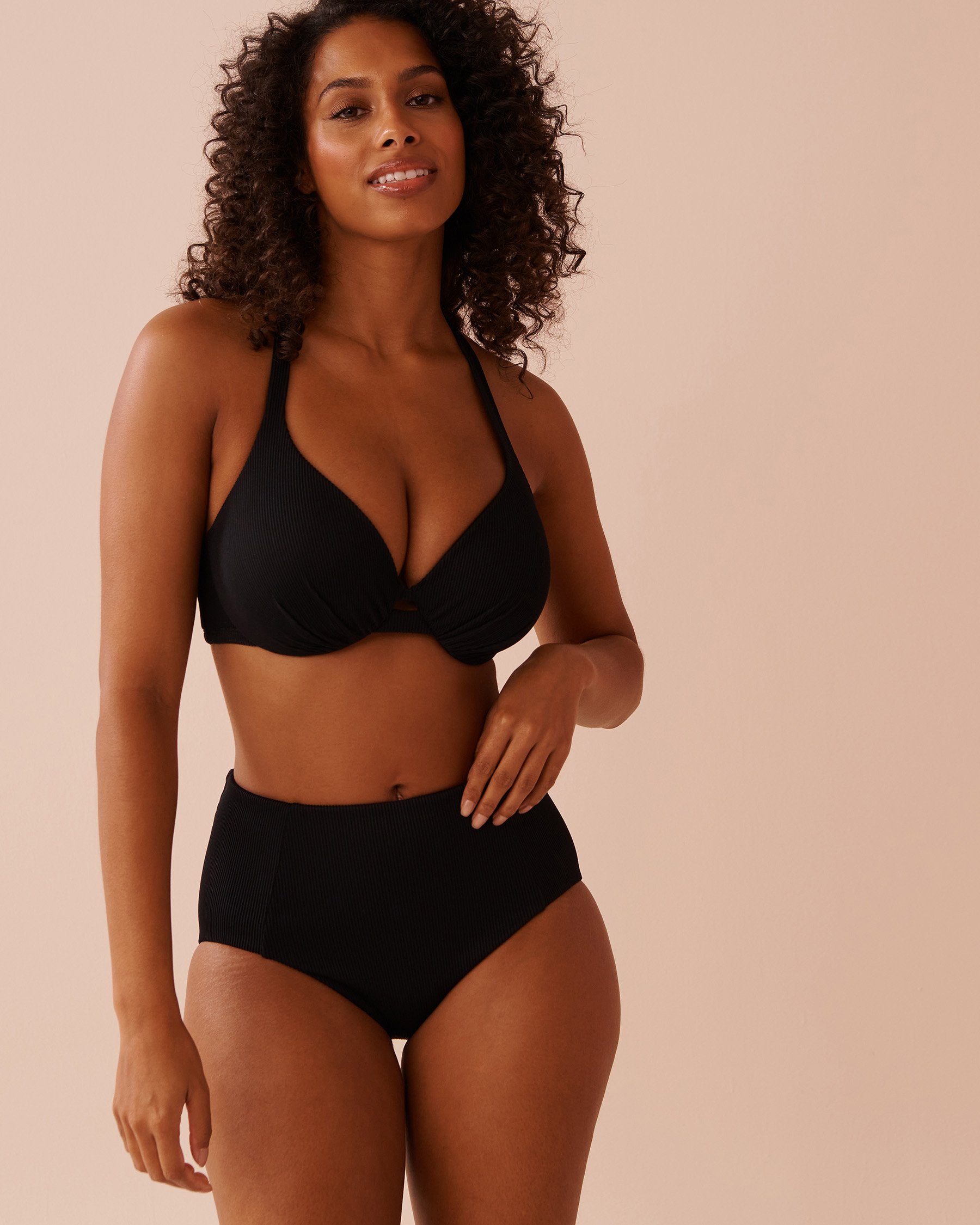 LA VIE EN ROSE AQUA Bas de bikini taille haute côtelé SOLID Noir 70300681 - View3