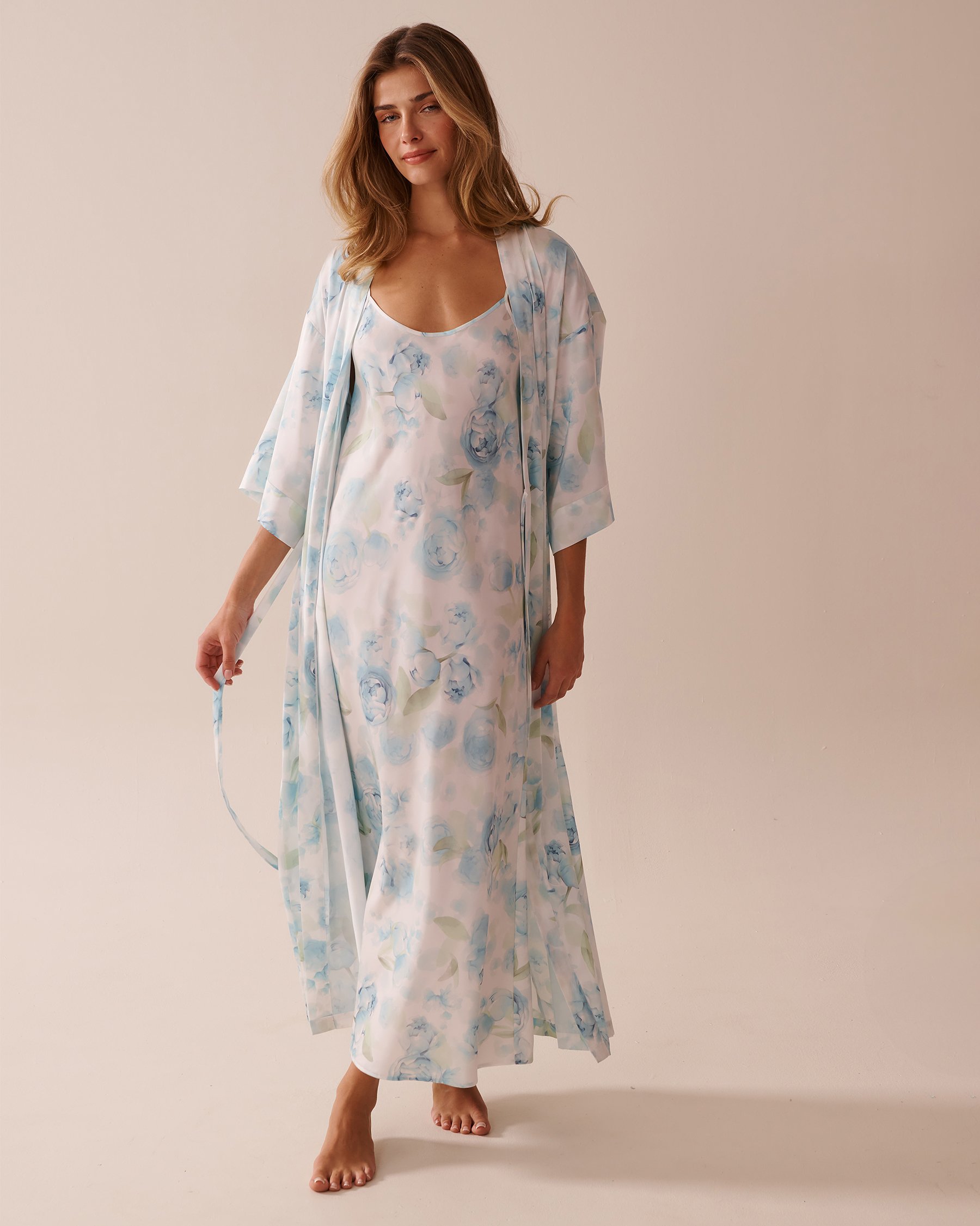 LA VIE EN ROSE Blue Rose Print Long Satin Kimono Blue Rose 60600093 - View3