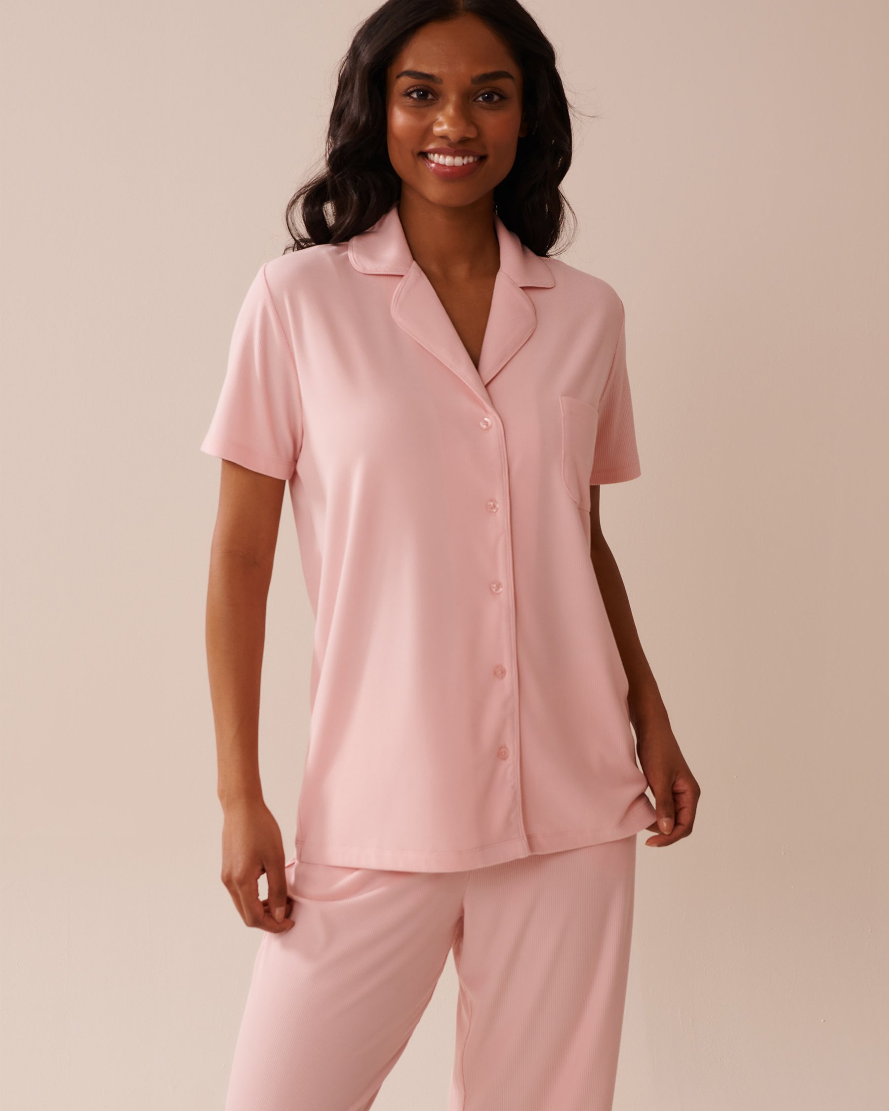 LA VIE EN ROSE Ribbed Modal Button-down Shirt Peony Pink 60100132 - View3