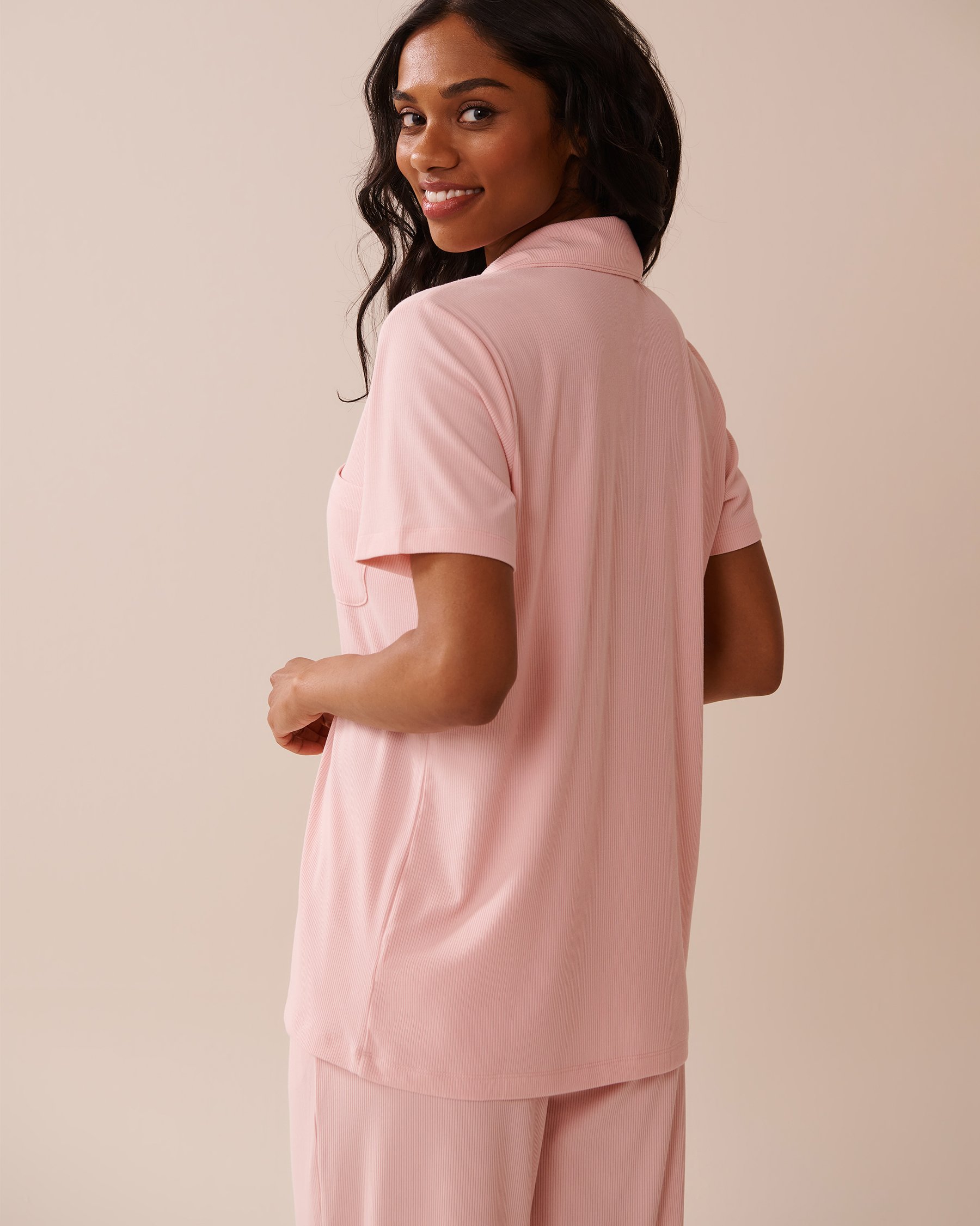LA VIE EN ROSE Ribbed Modal Button-down Shirt Peony Pink 60100132 - View4