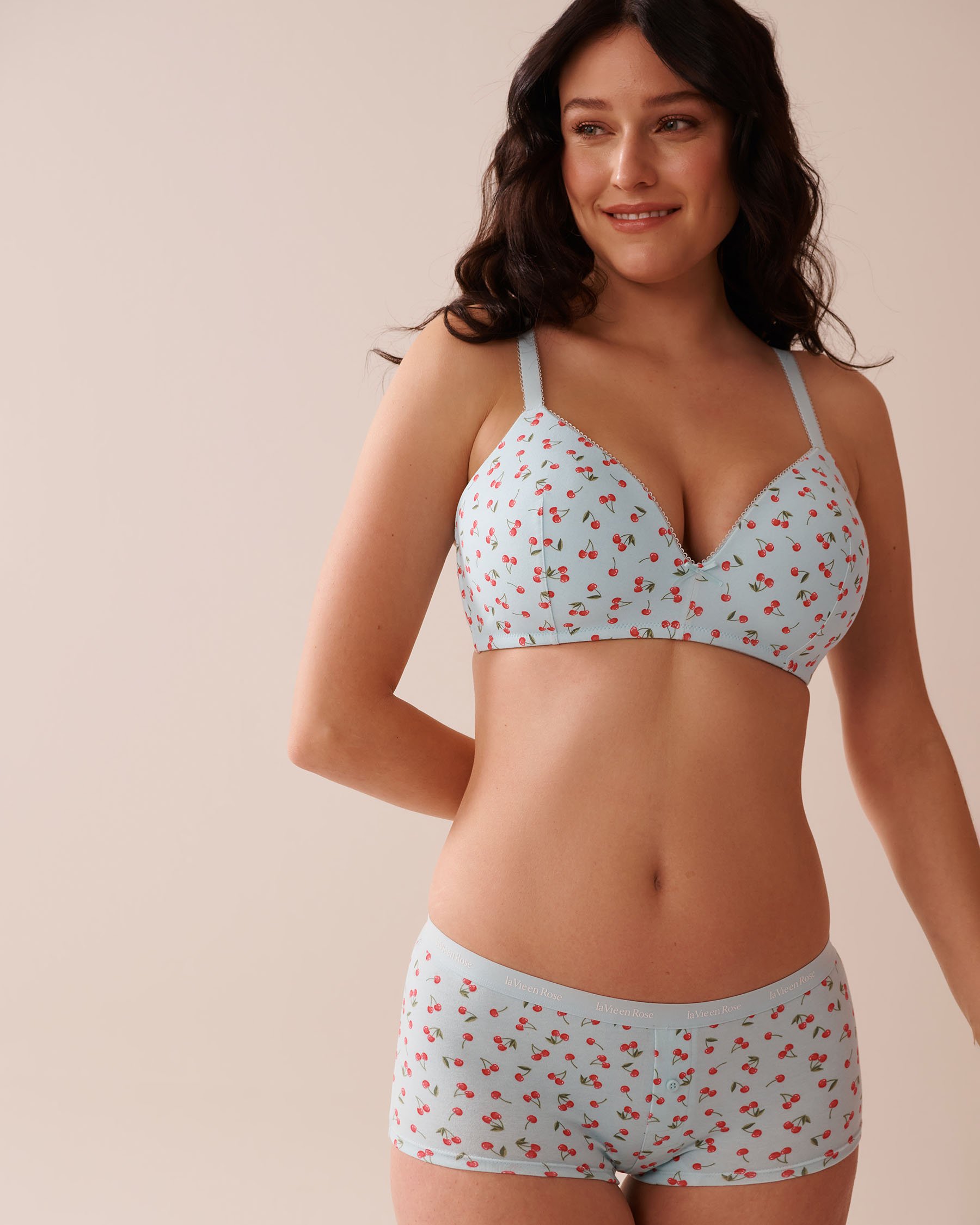 LA VIE EN ROSE Lightly Lined Wireless Cotton Bra Pale Blue/Cherry 10200489 - View1